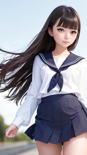 highest quality、Portraiture、Japanese women、Genuine、1 person,18-year-old girl,small,smile,(Aperture value F22,15mm value,ISO100 setting),8K quality,RAW Photos,Professional photography,Professional Lighting,((Hair swaying in the wind))、Young and radiant white skin、Shiny black hair、Smooth and fluffy semi-long hair、Hair tied with ribbons、((flat ))、Shiny beautiful bangs、Clear, attractive dark brown eyes、Thin body、tyuutiti Best moment、small ass、whole body、(Japanese school sailor uniform)、boost mood、run at full speed、Hair swaying in the wind、Sparkling dark blue flared skirt、White panties、Sweat gushing、Background blur、White lace panties,