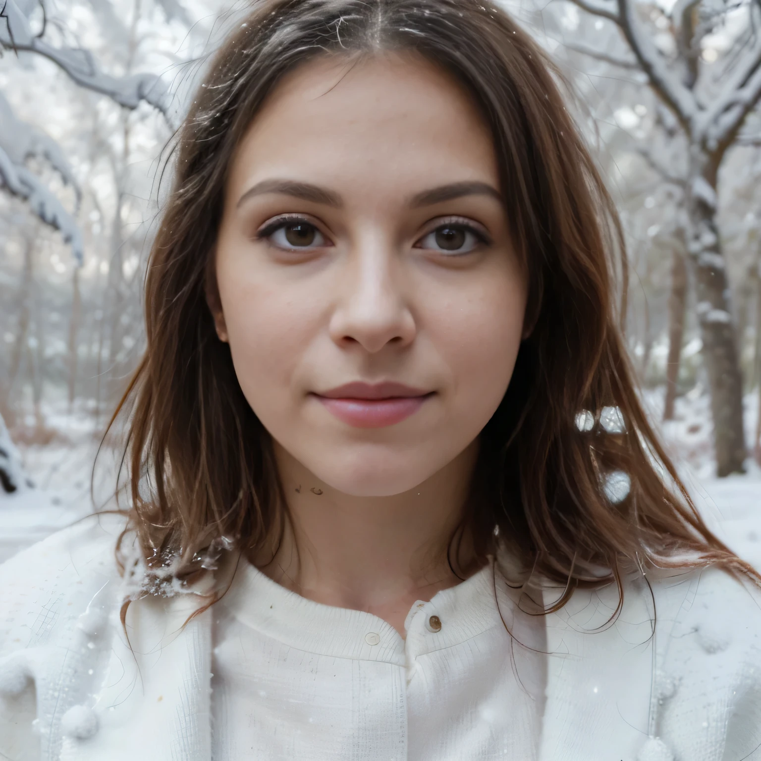 Masterpiece, close up headshot, , hayley williams ((outside in a winter forest)), ((heavy snow)), photorealism, photorealistic, wearing a sweater and skinny jeans, makeup, long straight hair, pale skin, fair skin, white skin, 
she is looking at viewer, skin texture, ultra high res, RAW, instagram LUT, masterpiece, best quality, ultra-detailed, ultra high resolution, RAW, 4k, (looking at viewer), extremely detailed eyes and face, ((beautiful detailed nose)), ((beautiful detailed thigh)), ((beautiful detailed eyes)), perfect body proportion,  (looking at the camera), cheerful, solo focus