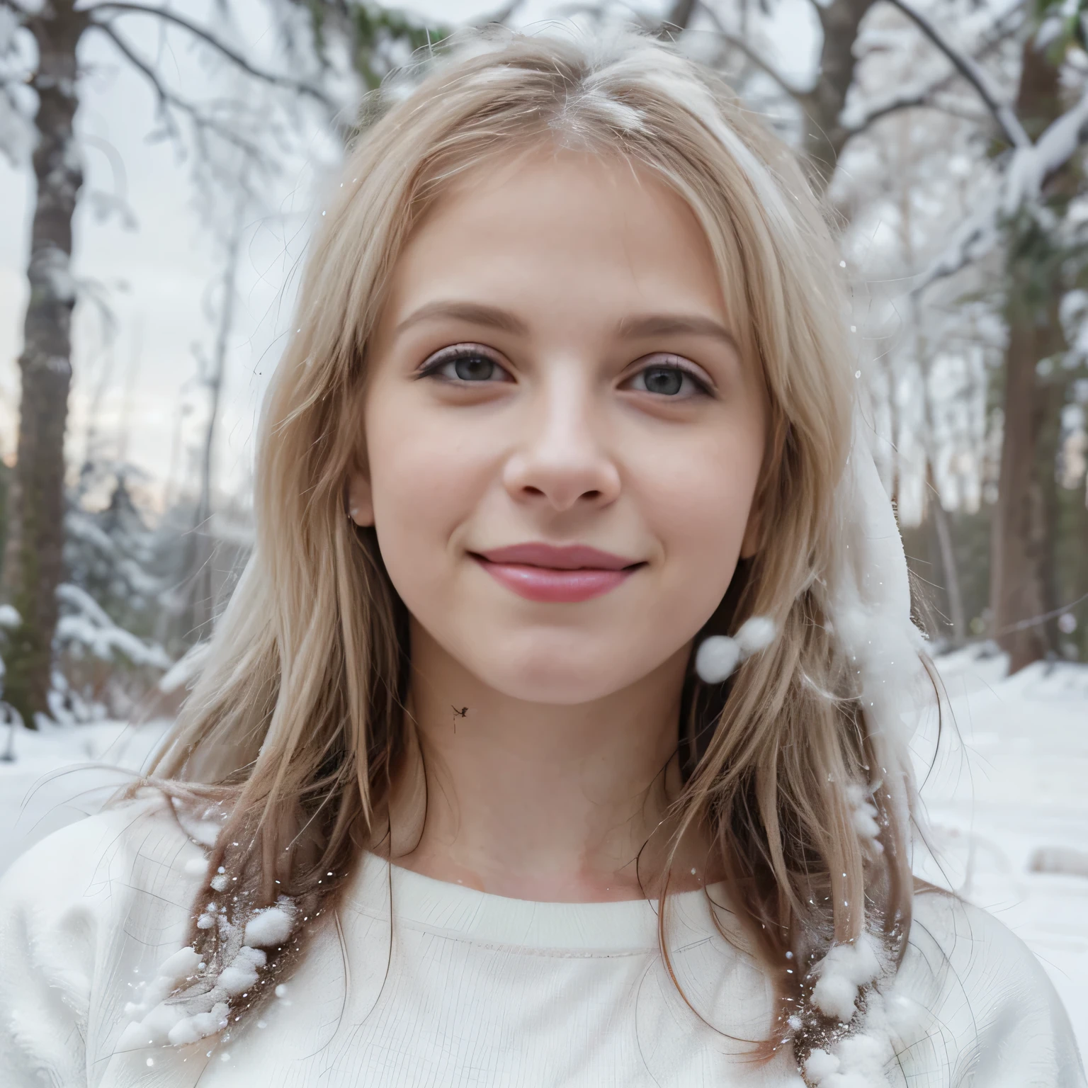 Masterpiece, close up headshot, , hayley williams ((outside in a winter forest)), ((heavy snow)), photorealism, photorealistic, wearing a sweater and skinny jeans, makeup, long straight hair, pale skin, fair skin, white skin, 
she is looking at viewer, skin texture, ultra high res, RAW, instagram LUT, masterpiece, best quality, ultra-detailed, ultra high resolution, RAW, 4k, (looking at viewer), extremely detailed eyes and face, ((beautiful detailed nose)), ((beautiful detailed thigh)), ((beautiful detailed eyes)), perfect body proportion,  (looking at the camera), cheerful, solo focus, smirk