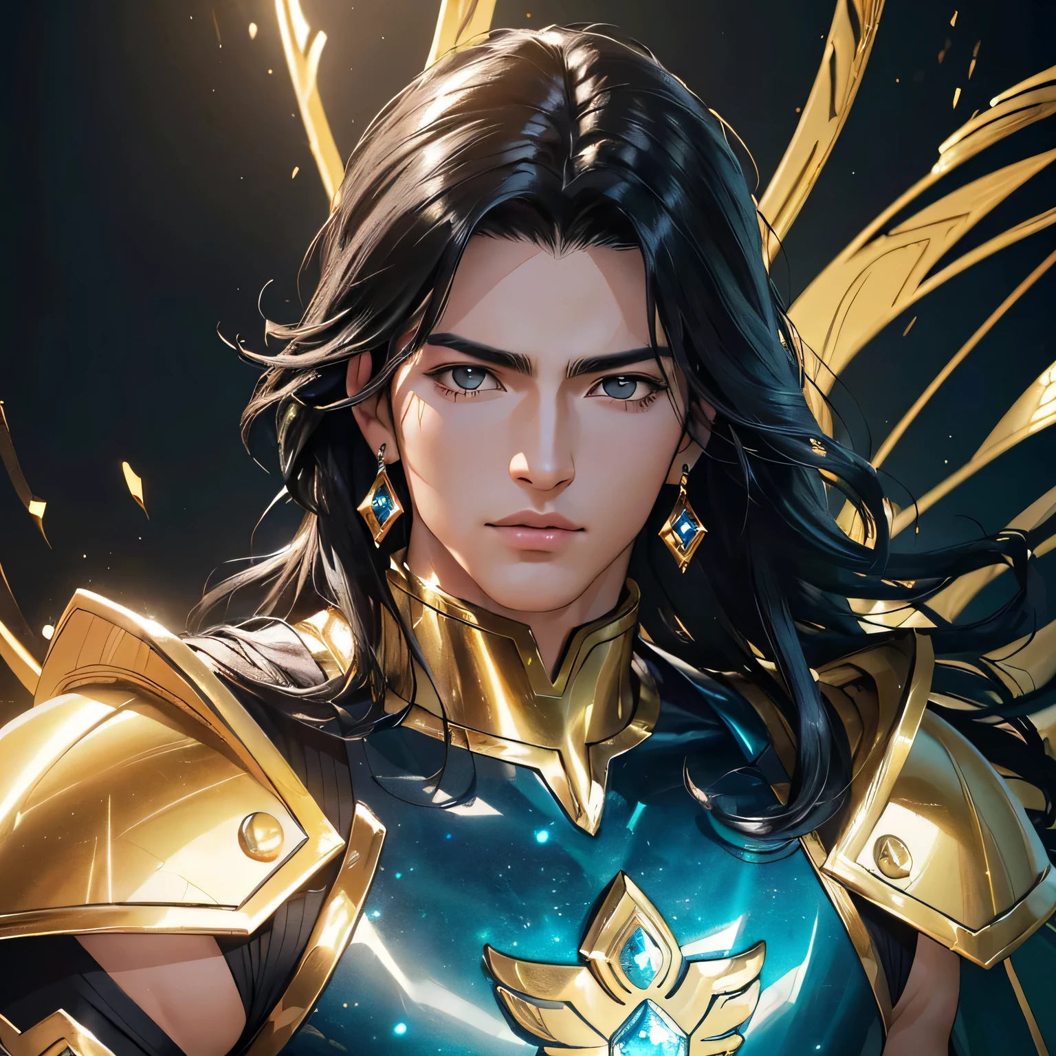 (best quality,4k,8k,highres,masterpiece:1.2),ultra-detailed,(realistic,photorealistic,photo-realistic:1.37), a man with black hair wearing golden armor, ice powers, in the style of Camus from Aquarius, Saint Seiya, vivid colors, portraits, cool-toned, studio lighting