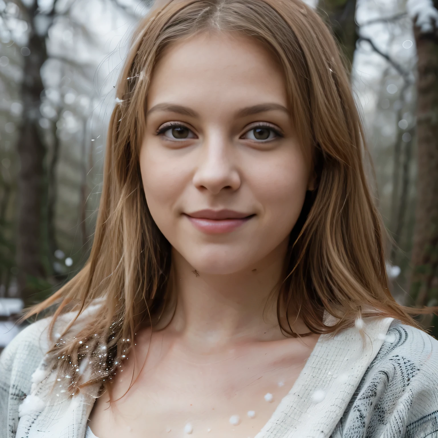 Masterpiece, close up headshot, , hayley williams ((outside in a winter forest)), ((heavy snow)), photorealism, photorealistic, wearing a sweater and skinny jeans, makeup, long straight hair, pale skin, fair skin, white skin, 
she is looking at viewer, skin texture, ultra high res, RAW, instagram LUT, masterpiece, best quality, ultra-detailed, ultra high resolution, RAW, 4k, (looking at viewer), extremely detailed eyes and face, ((beautiful detailed nose)), ((beautiful detailed thigh)), ((beautiful detailed eyes)), perfect body proportion,  (looking at the camera), cheerful, solo focus, smirk