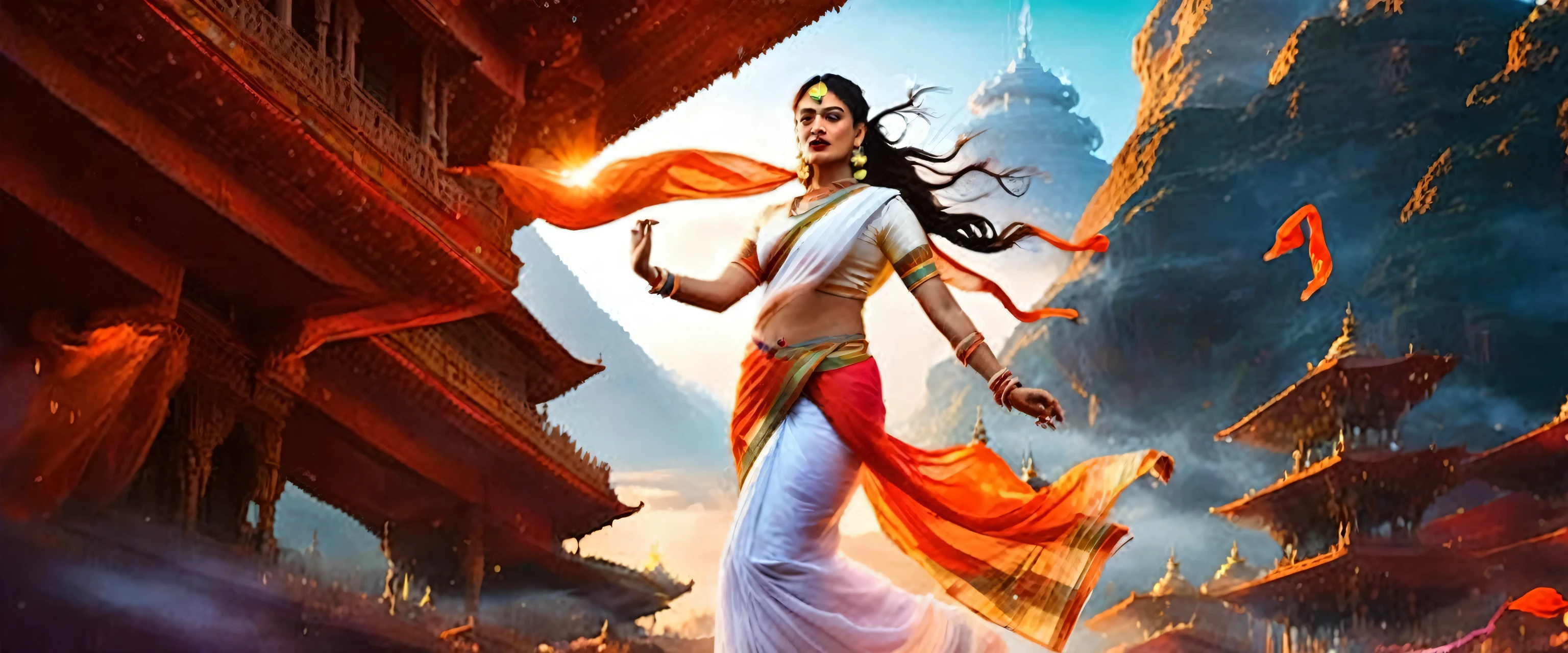 Shakti..Energy,..Indian Bharatiya Women... Fiery  and Cool.. In Full Action.. In Modern times. With India Illuminated in   the backdrop. Dressed in Traditional Indian White Saree..Flowing and glowing in morning sunrise. futurism . No extra limbs Hindu Temples in the Background.  The realm of the sky，Genting Heavenly Temples，Ethereal，A wonderland    above the clouds . The stars are not points of light, but swirling galaxies painted in a Pollock-esque drip technique, their colors a mix of Frida Kahlo's signature teals, fuchsias, and yellows. a landscape stretches out, defying gravity.