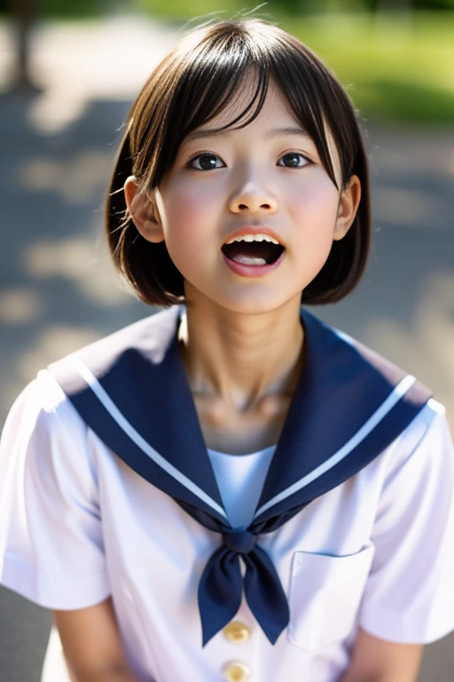 lens: 135mm f1.8, (highest quality),(RAW Photos), (Tabletop:1.1), (Beautiful 13 year old Japanese girl), Cute Face, (Deeply chiseled face:0.7), (freckles:0.4), Speckled sunlight, Dramatic lighting, (Sailor suit), dark blue, Long sleeve, (In the classroom), shy, (Close-up shot:1.2), (smile)
