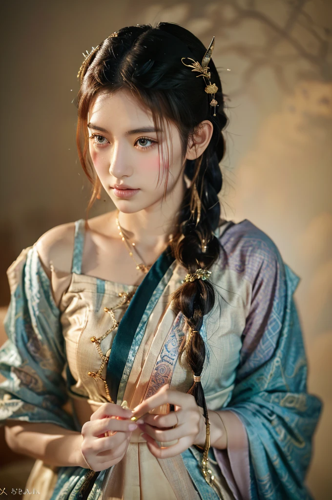 ( masterpiece, top quality, best quality,8k, girl,ultra detailed,raw photo:1.5),(photorealistic:1.4),(cinematic lighting), PerfectNwsjMajic, , Surrealism, UHD, ccurate, Super detail, textured skin, High detail, Best quality, dynamic angle, (high nose,White skin),[Beautiful blue eyes],(1girl),(good anatomy:0.5)), dunhuang_style, Dreamy atmosphere,expressive brush strokes, mystical ambiance, Artistic interpretation, a whimsical illustration, Subtle colors and tones, straight face, rope braid