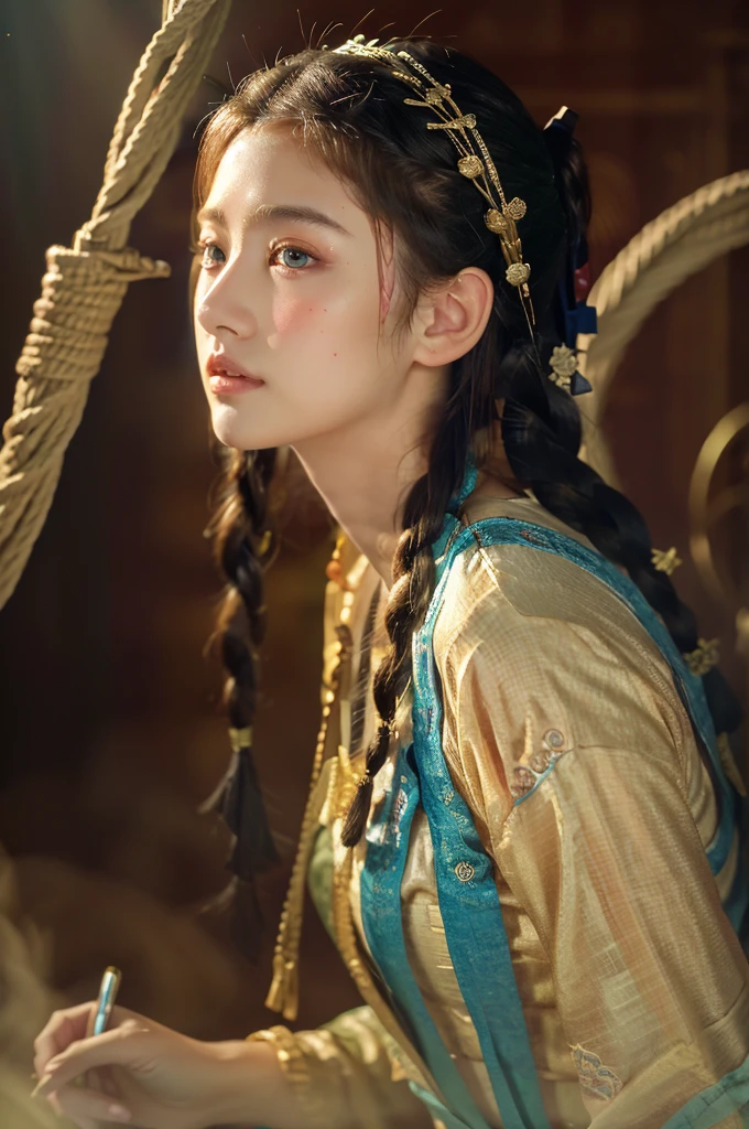 ( masterpiece, top quality, best quality,8k, girl,ultra detailed,raw photo:1.5),(photorealistic:1.4),(cinematic lighting), PerfectNwsjMajic, , Surrealism, UHD, ccurate, Super detail, textured skin, High detail, Best quality, dynamic angle, (high nose,White skin),[Beautiful blue eyes],(1girl),(good anatomy:0.5)), dunhuang_style, Dreamy atmosphere,expressive brush strokes, mystical ambiance, Artistic interpretation, a whimsical illustration, Subtle colors and tones, straight face, rope braid