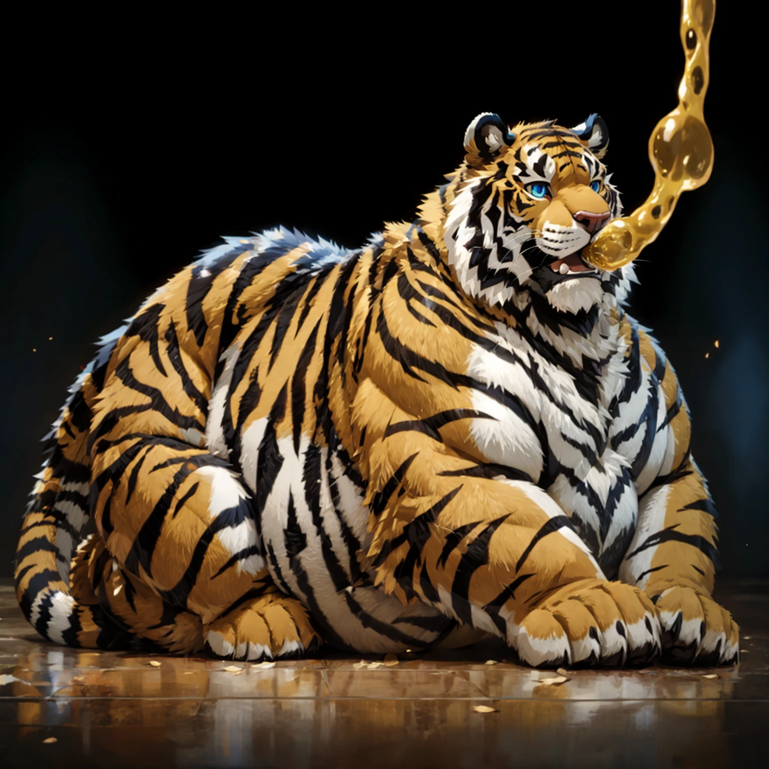 Very obese tiger、Wild ferocious tiger、Animal golden tiger body、Shaggy body hair、A glittering mane、Very short legs、A golden hose is in his mouth、Long golden hose、Sideways body、Big blue anime eyes、A body covered with a lot of fat、Abnormally obese head、Fatty cheeks、A lot of fat on the neck、A belly so obese it covers the ground、Fat gap、Abdomen swollen enough to touch the ground、A huge, mountain-like swollen abdomen、Abnormally fat arms、Overweight and flabby legs、A body that seems to be crushed by a huge abdomen、A body that fills the screen、Bear's short tail、Very displeased look、Very angry look、Thick steam、Lots of pubic hair、Lots of chest hair、A lot of belly button hair、Lots of belly hair、Very thick hair all over the body、Angle looking up from below、Thick Tongue、saliva、A scene in a dilapidated abandoned house、Dirty wooden abandoned house、All fours pose、Pose with both knees on the ground、