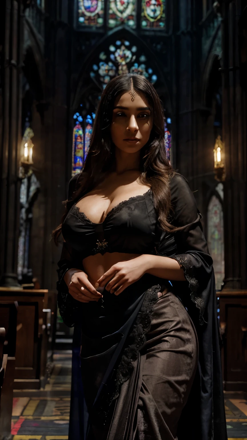 Set in an old Gothic cathedral with stained glass windows casting colorful light, a woman stands in a dark, she is so esxy and have big breast, velvet saree with intricate lace details and long, flowing sleeves. The saree's elegance contrasts with the solemn, moody atmosphere of the cathedral, creating a scene of profound beauty and gothic allure.