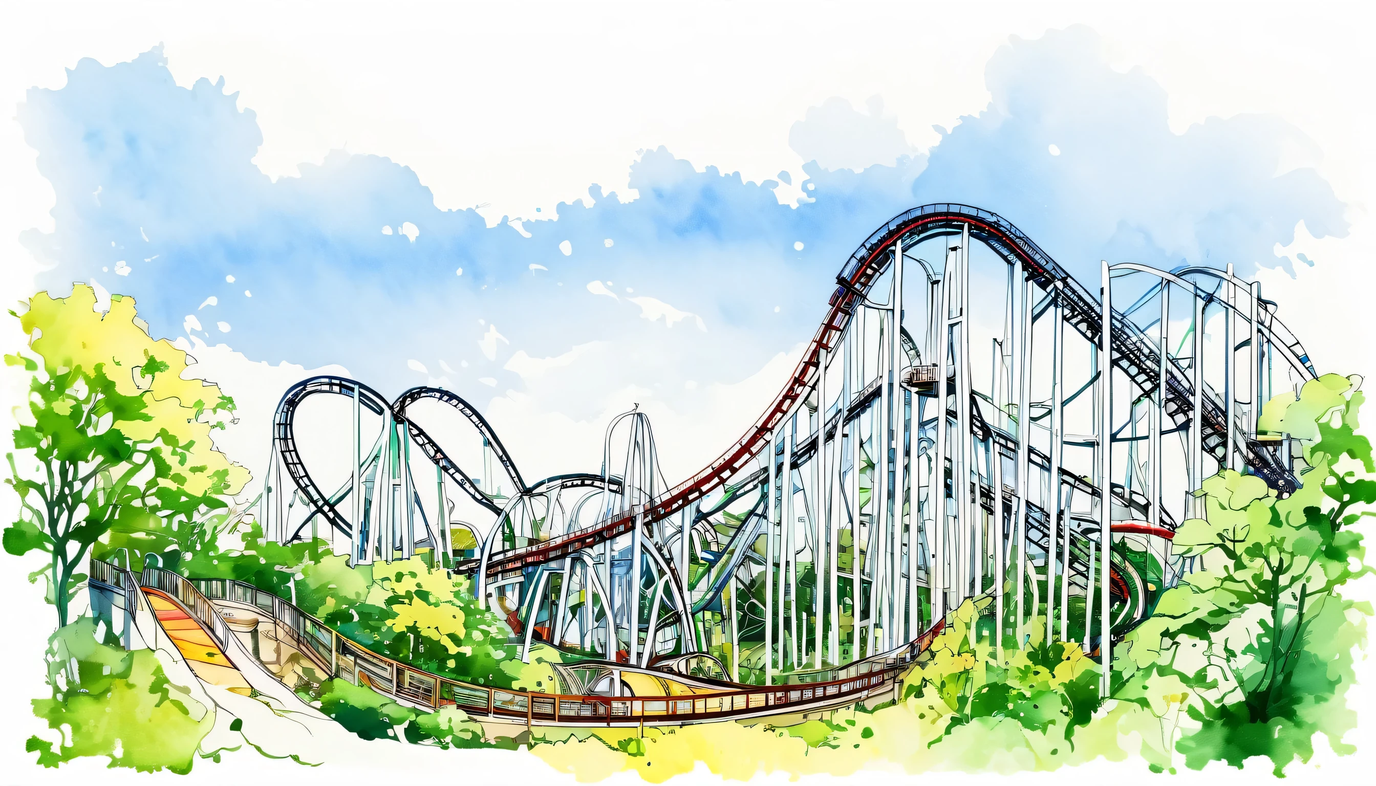 amusement park、roller coaster、Masterpiece、Omitted style,Line drawing sketch,Stylish cut, artistic,Scribble style,Clear, bold, thick outlines,,Rough coloring, watercolor painting,