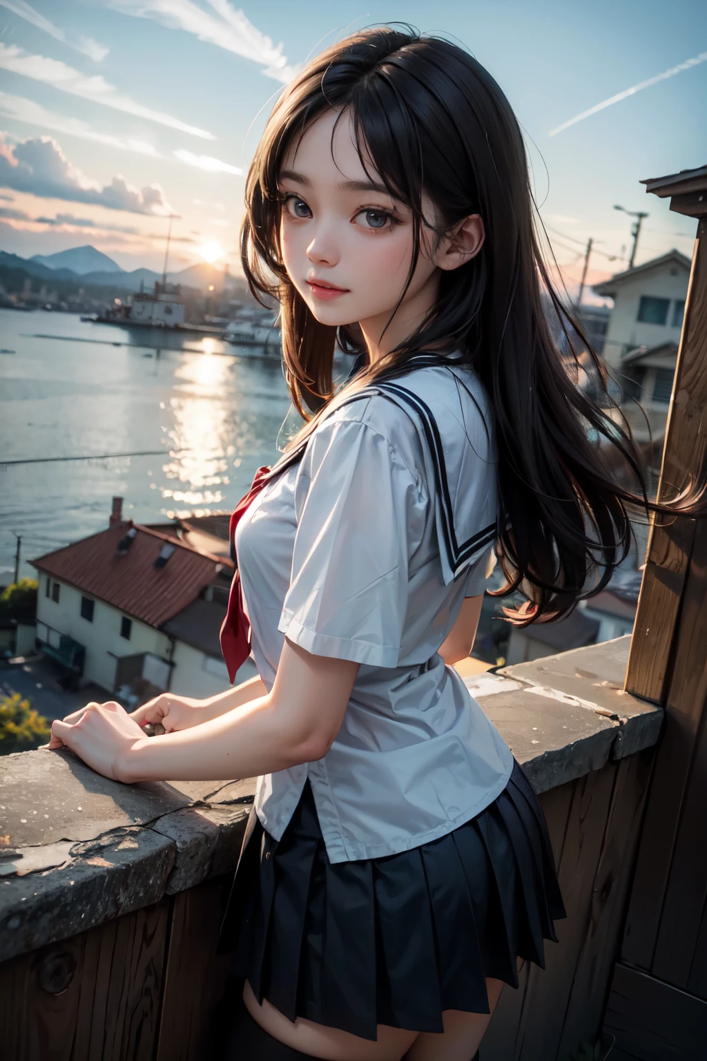 very cute and beautiful school girl viewing sea on hilltop,(highly detailed beautiful face), (smile),cowboy shot,(sailor ,pleated navy blue mini skirt),black hair,zettai ryouiki, (looking at sea,from top of hill),many houses with red roof,detailed landscape, (best quality,masterpiece:1.0),absurdres,highres,ultra-detailed,extremely detailed,32k,8k resolution, intricate details,cinematic scene,detailed background,solo,dynamic angle, natural lighting,beautiful detailed sky,