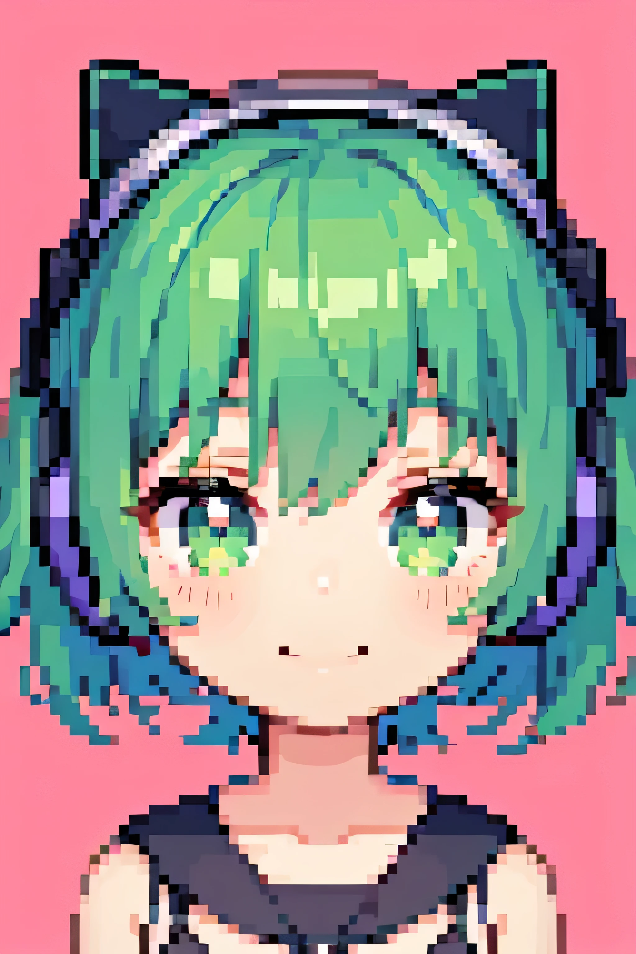 Pixel art, 1girl, cute, portrait, bust up, light smile, Bob with green short hair, cat ears wearing headphones, chibi, whole body,