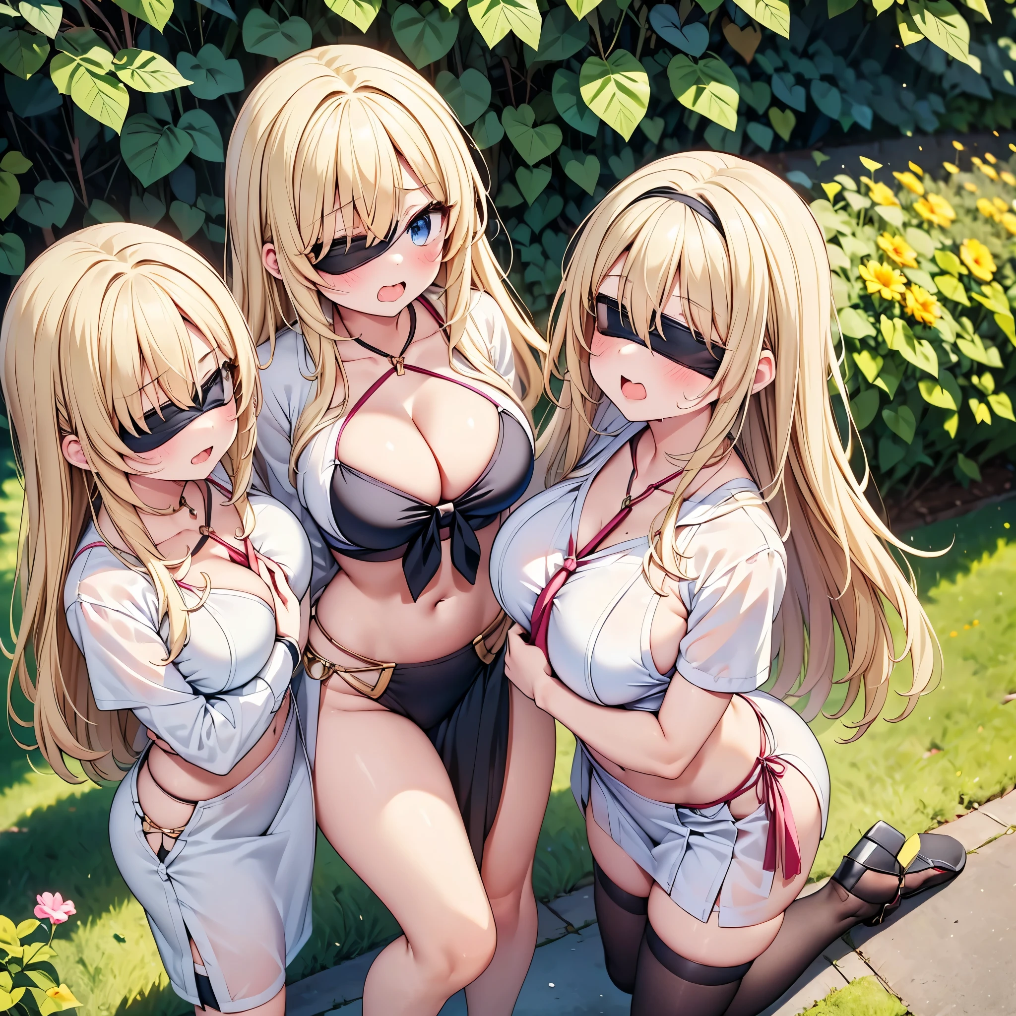 highest quality,wonderful,finely,extremely detailed CG Unity 8K wallpaper, (Stand in line:1.2), (3 girls, blonde, clothed), (huge breasts:1.2), (wariza:1.4), (cleavage), (midriff peek:1.2), (open mouth:1.1), (long tongue:1.1), (mouth drool:1.1), (black stockings:1.1),(Thighs:1.2),(Waistline:1.1),(Waistline),(black blindfold, blindfold:1.5), (From above:1.4)