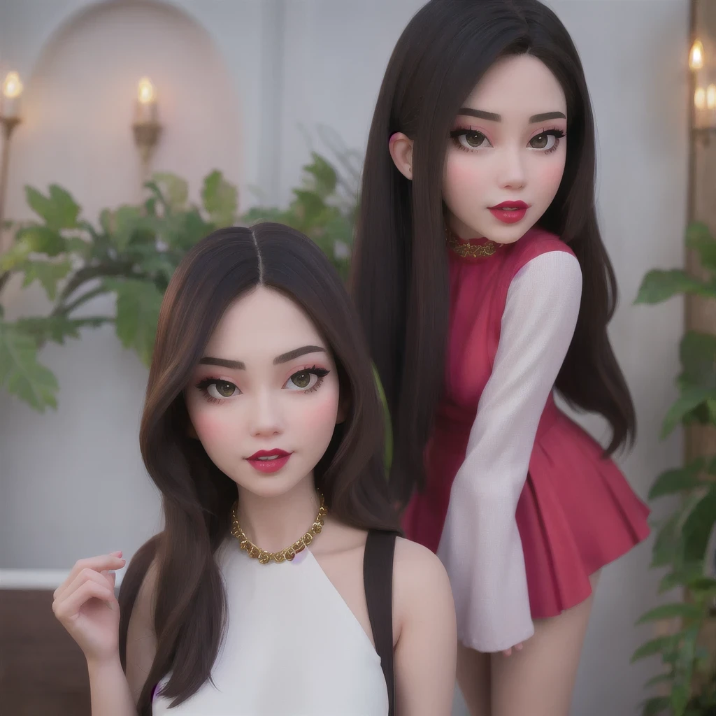 a schoolgirl with long hair and a flowered dress standing in front of a wall, lalisa manobal, bae suzy, inspired by Ma Yuanyu, ruan jia beautiful!, lalisa manoban of blackpink, sha xi, inspired by Huang Ji, she has black hair with bangs, cai xukun, full body xianxia, a still of an ethereal schoolgirl,（（ 8k)), sakimichan, anna nikonova aka newmilky, cute , thighhighs and skirt, 🌺 cgsociety, amouranth, with pale skin,（ 4 k ）with red lipstick and a candy cane, red contacts, red contact lenses, wide golden eyes and red lips, faint red lips, red and green tones, ((red)) baggy eyes, light-red lips, green and red tones, perfect face ), big eyes and lips, red lipstick on face, amouranth, close up face
