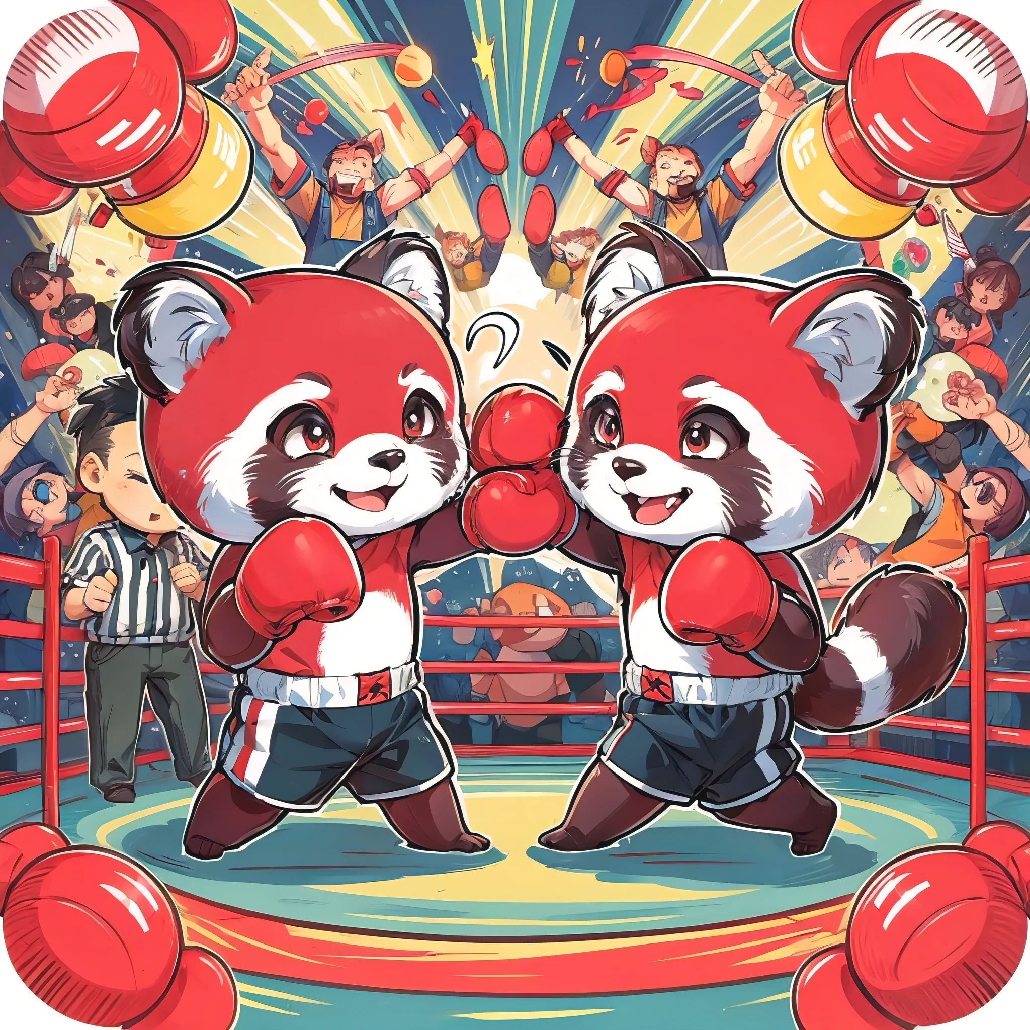 A delightful and adorable illustration of a chibi-style boxing match between two red panda characters. They are dressed in boxing gloves and shorts, with a referee standing by. The background is vibrant, with a colorful ring and an energetic crowd cheering them on. The overall composition is dynamic, with the red pandas in the center, taking playful swings at each other. The illustration is full of life and energy, capturing the spirit of friendly competition., anime, illustration