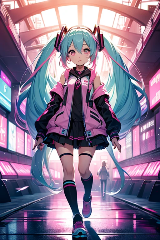 Hatsune Miku, vocaloid, beutiful, detailed face, pink hair, pink eyes, pink art, colorful, bright, full body