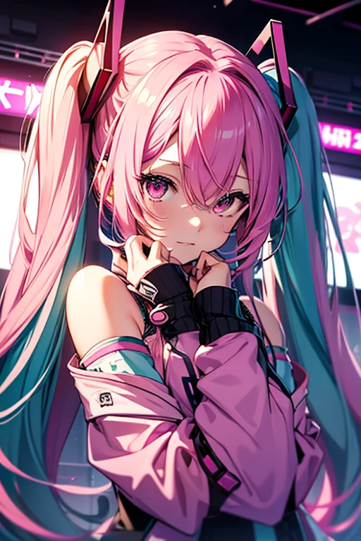 Hatsune Miku, vocaloid, beutiful, detailed face, pink hair, pink eyes, pink art, colorful, bright, full body