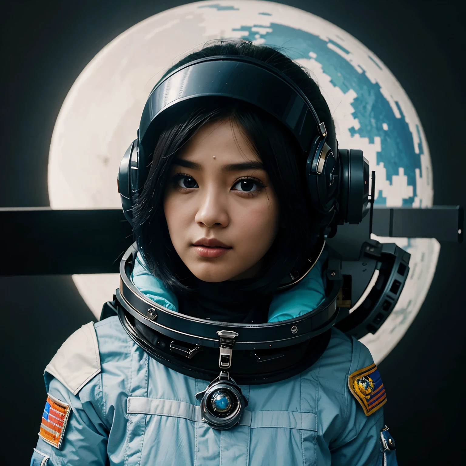 seorang anak gadis dengan rambut setengah biru tua setengah hitam menggunakan helm astronot dan baju astronot sedang melayang menghadap kesamping pixel art