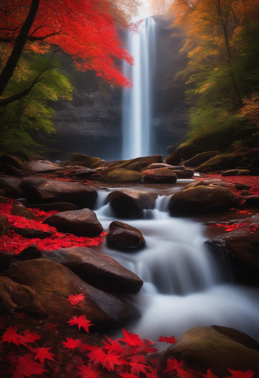 (red maple trees, long exposure, waterfall, silky water, vibrant colors, dreamy atmosphere, misty surroundings, nature beauty, motion blur, slow shutter speed, scenic view)