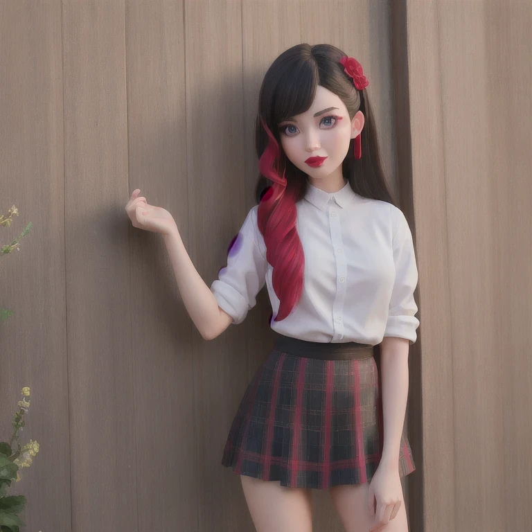 a schoolgirl with long hair and a flowered dress standing in front of a wall, lalisa manobal, bae suzy, inspired by Ma Yuanyu, ruan jia beautiful!, lalisa manoban of blackpink, sha xi, inspired by Huang Ji, she has black hair with bangs, cai xukun, full body xianxia, a still of an ethereal schoolgirl,(( 8k)), sakimichan, anna nikonova aka newmilky, cute , thighhighs and skirt, 🌺 cgsociety, amouranth, with pale skin,( 4 k )with red lipstick and a candy cane, red contacts, red contact lenses, wide golden eyes and red lips, faint red lips, red and green tones, ((red)) baggy eyes, light-red lips, green and red tones, perfect face ), big eyes and lips, red lipstick on face, amouranth, close up face
