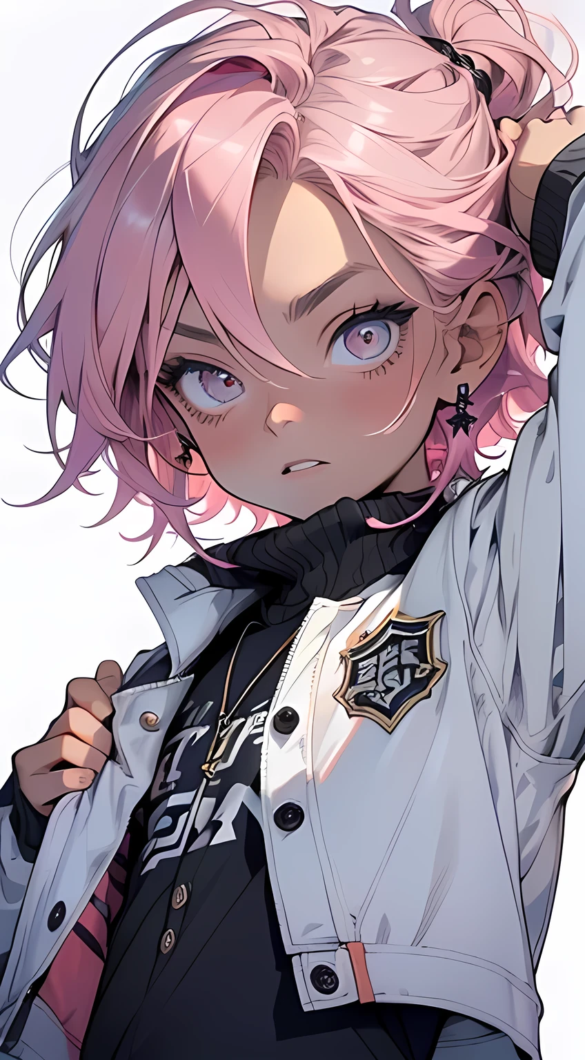 ung alien boy, messy short green hair and pink eyes, pink skin, black shirt, blushing, in a bed