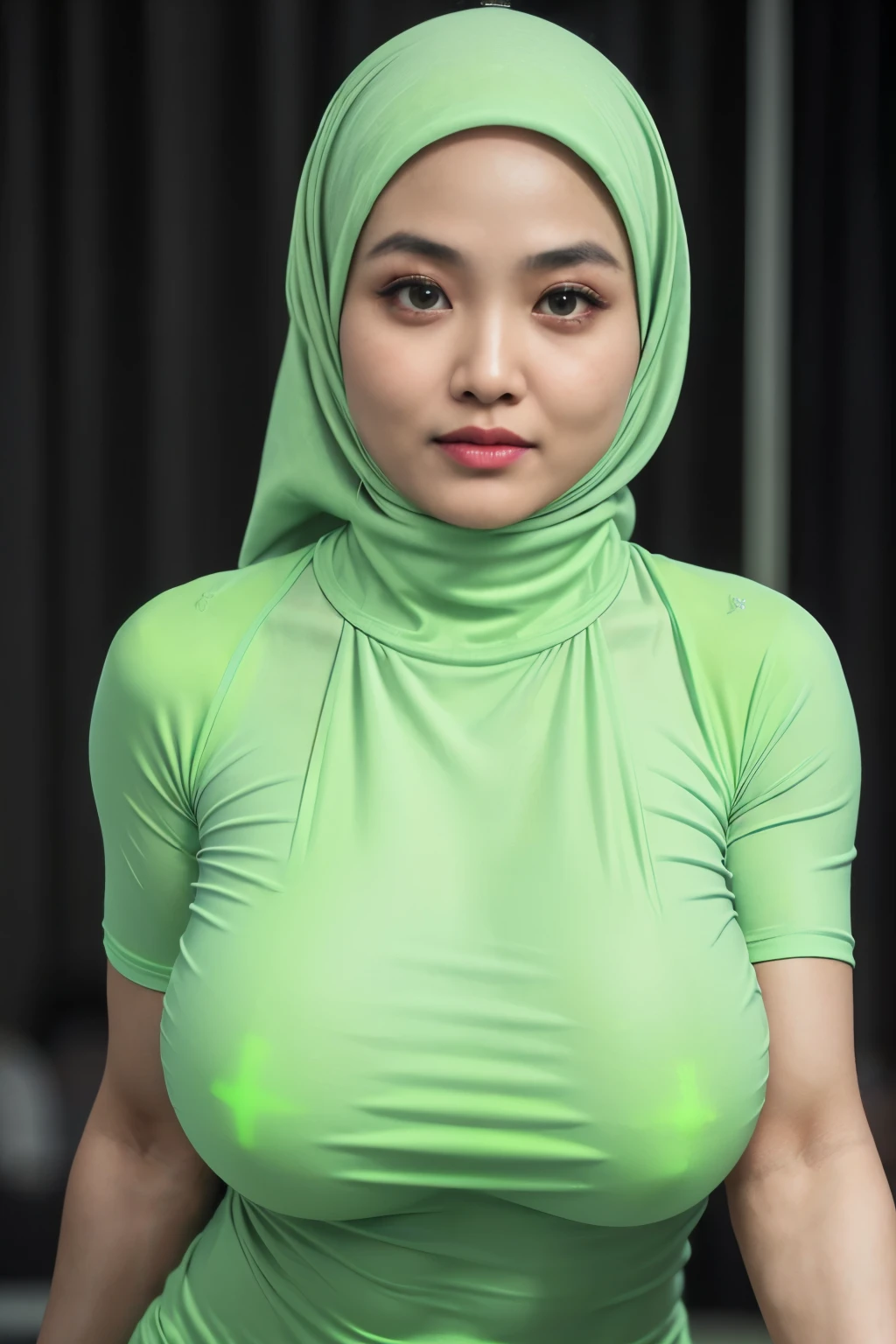 ((SHORT HIJAB)), ((Gigantic tits:1. 3)), (dynamic photograph of a 58 year old Indonesian woman), (slim top, cotton panties), (straight non curly hair), (highly detailed face:1.4), (vascular muscles and abs:1.3), (background inside light, bright, private gym:1.1), (8k, uhd, dslr, high quality, cinematic lighting, bokeh), (dramatic, award winning photography, incredible masterpiece:1.3), (((sexy sultry stare at camera:0.8))), ((she is ready to dominate you:0.5)), ((beautiful feminine face)), add_detail:1, (((wearing huge size t-shirt green fluorescence without pictures )))