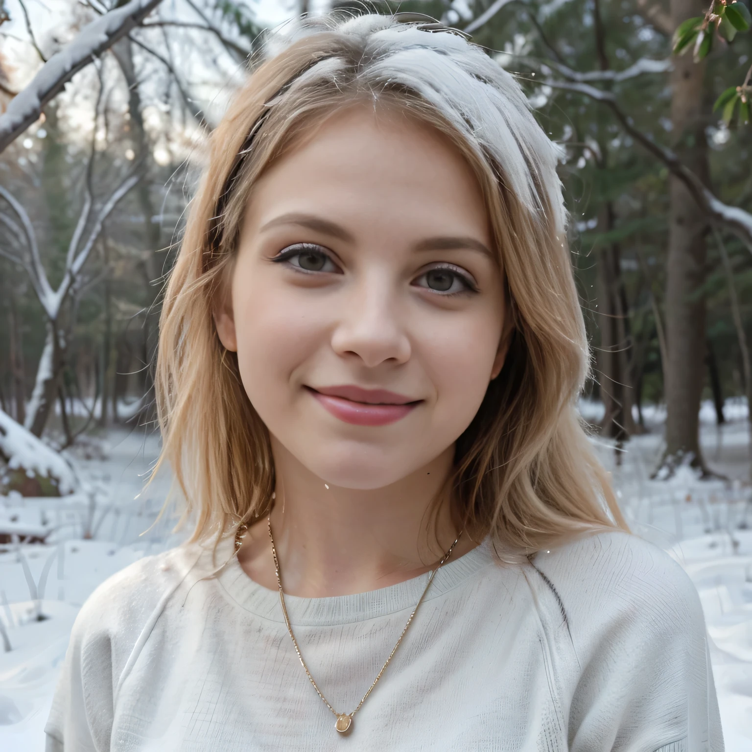 Masterpiece, close up headshot, , hayley williams ((outside in a winter forest)), ((heavy snow)), photorealism, photorealistic, wearing a sweater and skinny jeans, makeup, long straight hair, pale skin, fair skin, white skin, 
she is looking at viewer, skin texture, ultra high res, RAW, instagram LUT, masterpiece, best quality, ultra-detailed, ultra high resolution, RAW, 4k, (looking at viewer), extremely detailed eyes and face, ((beautiful detailed nose)), ((beautiful detailed thigh)), ((beautiful detailed eyes)), perfect body proportion,  (looking at the camera), cheerful, solo focus, smirk, upper body