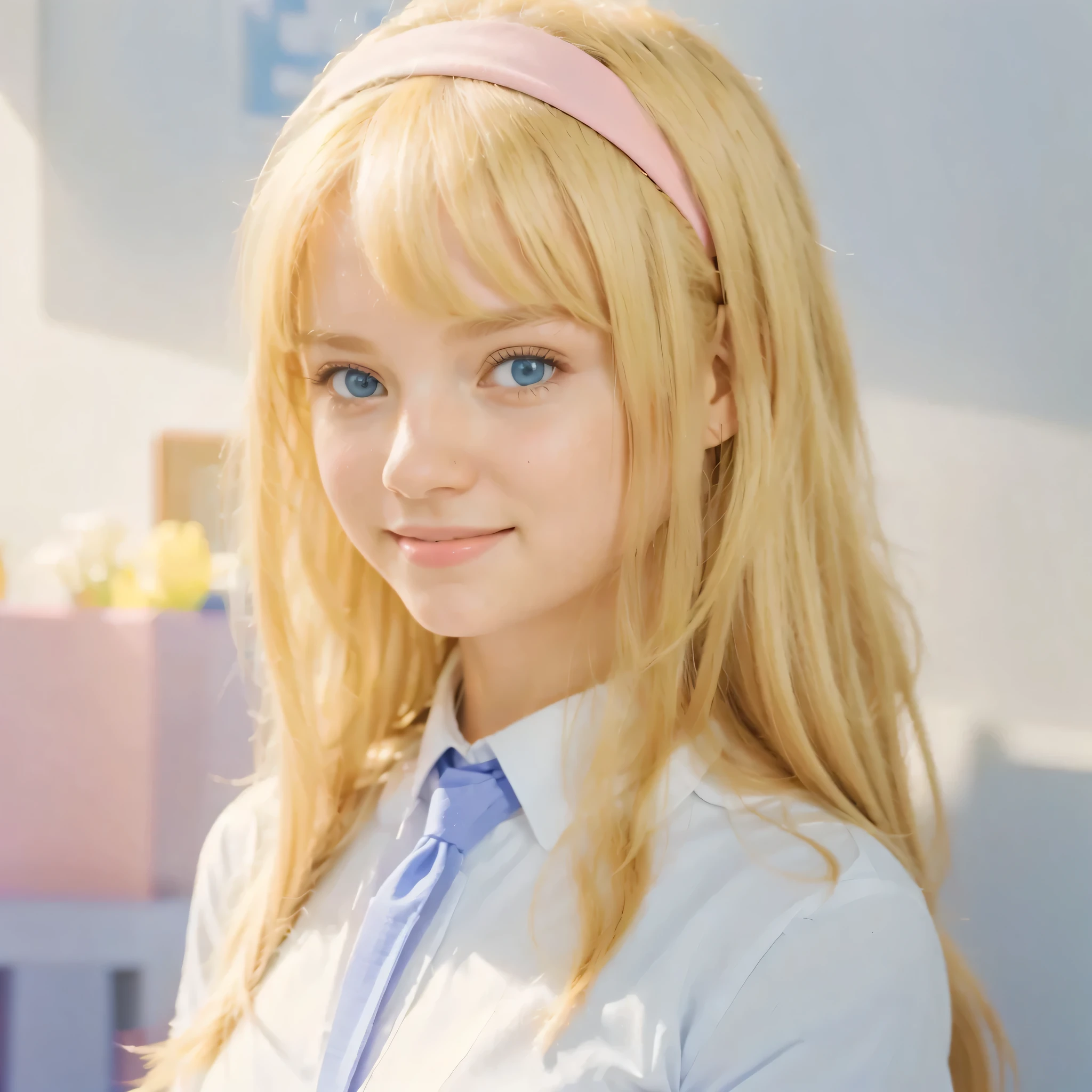 ,blonde hair,pink headband,white shirt,(best quality,4k,8k,highres,masterpiece:1.2),ultra-detailed,realistic,blue eyes,cheerful expression,holding a book,brown backpack on her shoulder,standing in front of a vibrant classroom,modern classroom with desks,chalkboard with math equations,stacks of colorful books on shelves,message board with inspirational quotes,large windows letting in natural light,green potted plants adding freshness to the space,well-organized bulletin board showcasing students' artwork,smiling classmates with diverse backgrounds,playful art supplies scattered on the desk,clean and neat surroundings,friendly and positive atmosphere,colorful art decorations on the walls, (portraits),(bright and vibrant colors),(soft natural lighting)