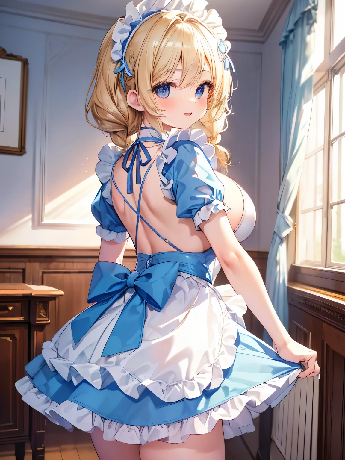 Masterpiece,Best Quality,(Super Detail),Perfect Lighting, Highly detailed CG,Super detailed,(Highly detailed eyes,Very cute face,Highly detailed face:1.3),Beautiful Anime Girl,(Solo Girl),(Super huge boobs:1.4),(Sensual,Glamorous:1.4),(Blonde,Medium Hair,Twin braids,Let your hair hang forward:1.2),(Big light blue eyes),(Very happy smile,Open your mouth wide),break,(Light blue maid outfit,Frill apron,Puff short sleeves,Micro Mini Skirt),Maid Headdress,frilled choker,Maid Cufflinks,Pink wallpaper coffee shop,Fancy furniture,Cowboy Shot,Dynamic Pose,(back,turn around,Look Behind:1.2)