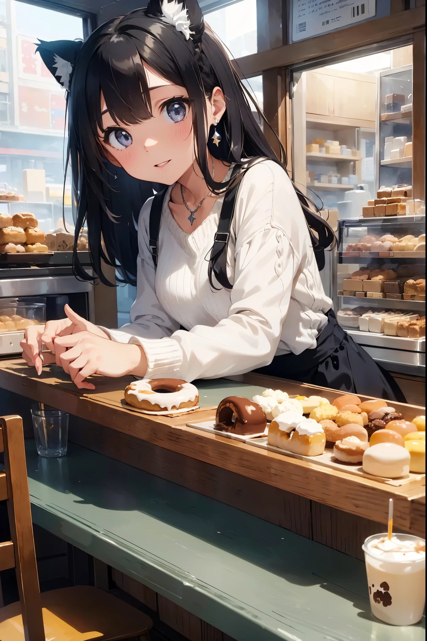 (8K, best quality, master piece: 1.2),ultra-high resolution,1 girl,solo,ultra-detailed face,detailed eyes,cyan eyes,mascara,Straight hair, long hair,black hair,school uniform,plaid skirt,cardigan,pout,eating a croissant,cinema lighting,Sitting in a chair,one plate on 2 croissants and 1 orange juice on the table,indoors Bakery,show window with croissants,Phalaenopsis Orchid flowerpot on the floor
