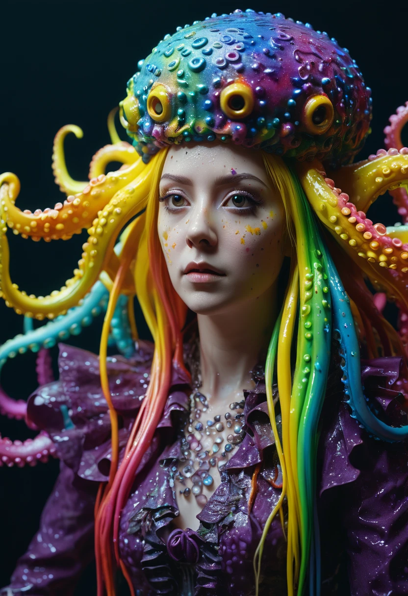 8K, ARTISTIC photogrAphy, best quAlity, mAsterpiece: 1.2), A (potrAit:1.2) witch BLOOD Toon Doll Cthulhu QUEEN, RAINBOW many octopus style tentacles, full body RAW candid cinema, yellow hair, 16mm, color graded portra 400 film, remarkable color, ultra realistic, sad admosphere, dark lighting, oppressive atmosphere, depressive colors, kodak portra 400, photograph,r, Natural Light, Pinhead lighgts, blur reflection, Brush Strokes, Smooth, abstract, Splatter, Oil On Canvas, rainbow colors, fractal isometrics details bioluminescens : a stunning realistic photograph of wet bone structure, 3d render, octane render, intricately detailed, titanium decorative headdress, cinematic, trending on artstation | Isometric | Centered