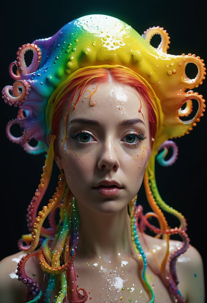 8K, ARTISTIC photogrAphy, best quAlity, mAsterpiece: 1.2), A (potrAit:1.2) witch BLOOD Toon Doll Cthulhu QUEEN, RAINBOW many octopus style tentacles, full body RAW candid cinema, yellow hair, 16mm, color graded portra 400 film, remarkable color, ultra realistic, sad admosphere, dark lighting, oppressive atmosphere, depressive colors, kodak portra 400, photograph,r, Natural Light, Pinhead lighgts, blur reflection, Brush Strokes, Smooth, abstract, Splatter, Oil On Canvas, rainbow colors, fractal isometrics details bioluminescens : a stunning realistic photograph of wet bone structure, 3d render, octane render, intricately detailed, titanium decorative headdress, cinematic, trending on artstation | Isometric | Centered