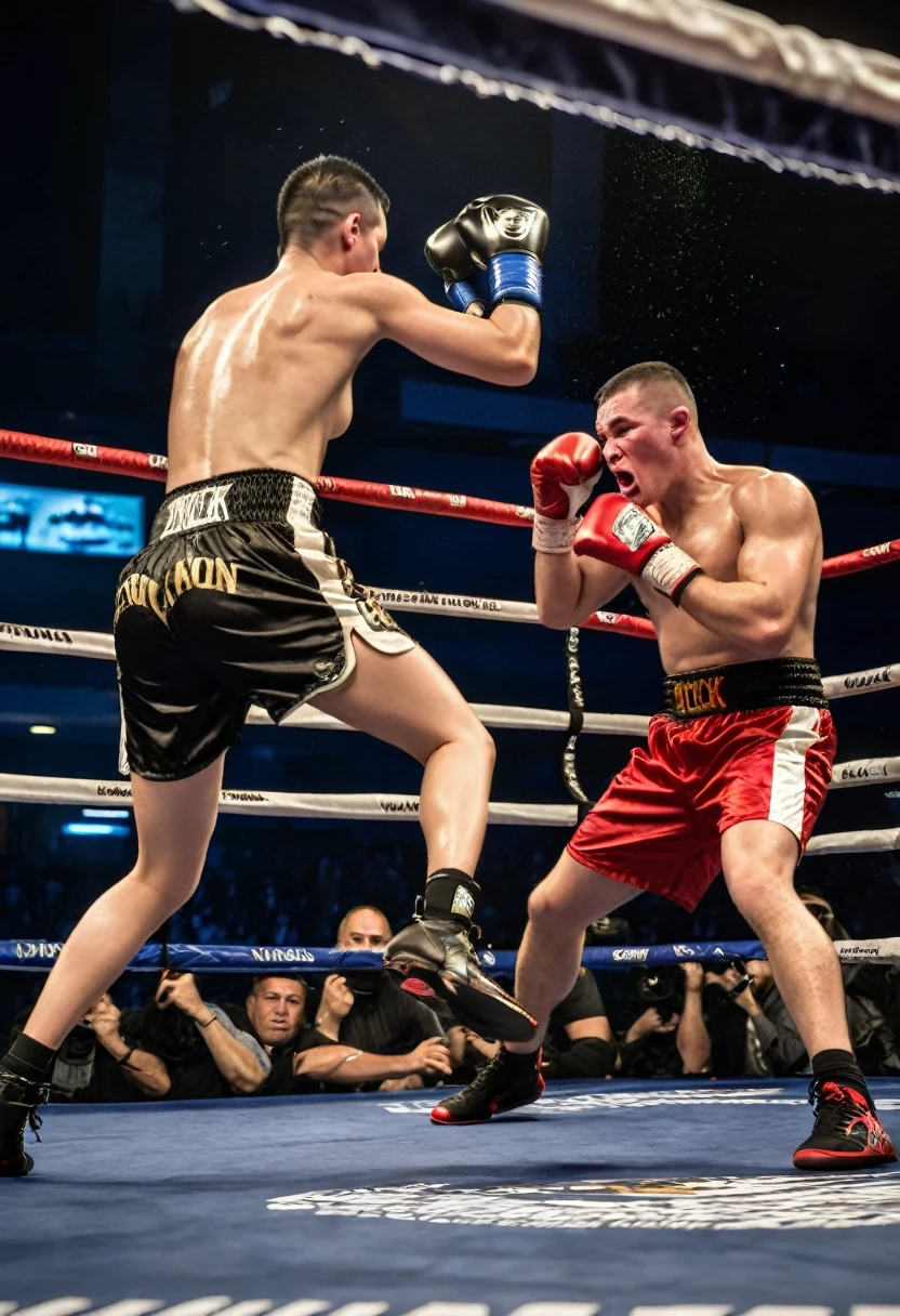 A boxing match, intense fight, powerful punches, sweat dripping, adrenaline rush, energetic crowd, fierce competitors, boxing gloves, mouthguard, boxing ring, medics, timekeeper, referee, ringside commentators, knockout punches, footwork and agility, protective headgear, boxing shorts, boxing shoes, mouthguard, hand wraps, anticipation and tension, knockout blows, championship belt, ring girls, body shots, low blows, uppercuts, hook punches, jab and cross combos, victory celebration, cornerman, focused eyes, determined expressions, muscular physique, championship title fight, intense training regime, roaring crowd, suspense-filled atmosphere, knockout punch execution. (best quality, ultra-detailed, realistic, highres, HDR), vivid colors, sharp focus, professional, dynamic lighting.