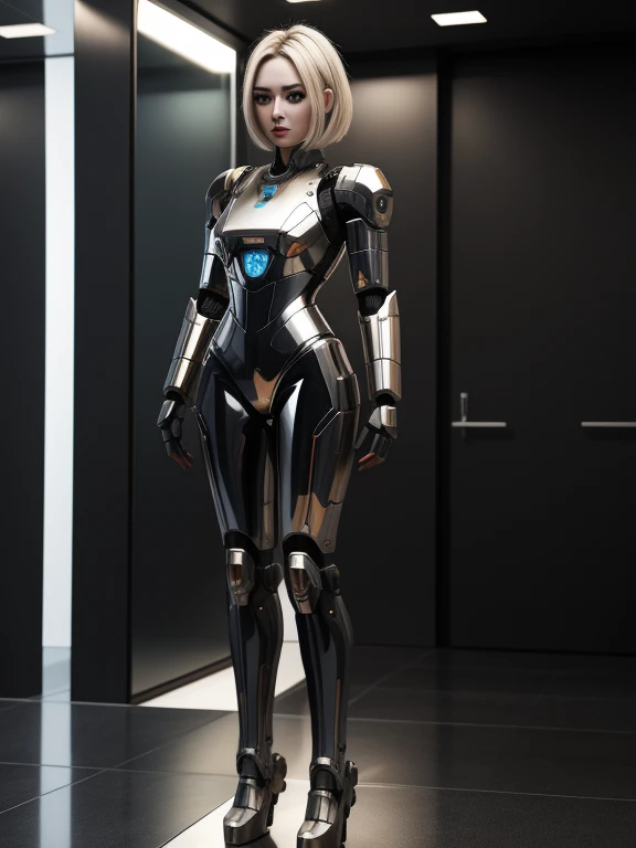 A woman who becomes an android with bare metal, Wearing hot style clothes, The face remains human, Full Body Shot, Masterpiece