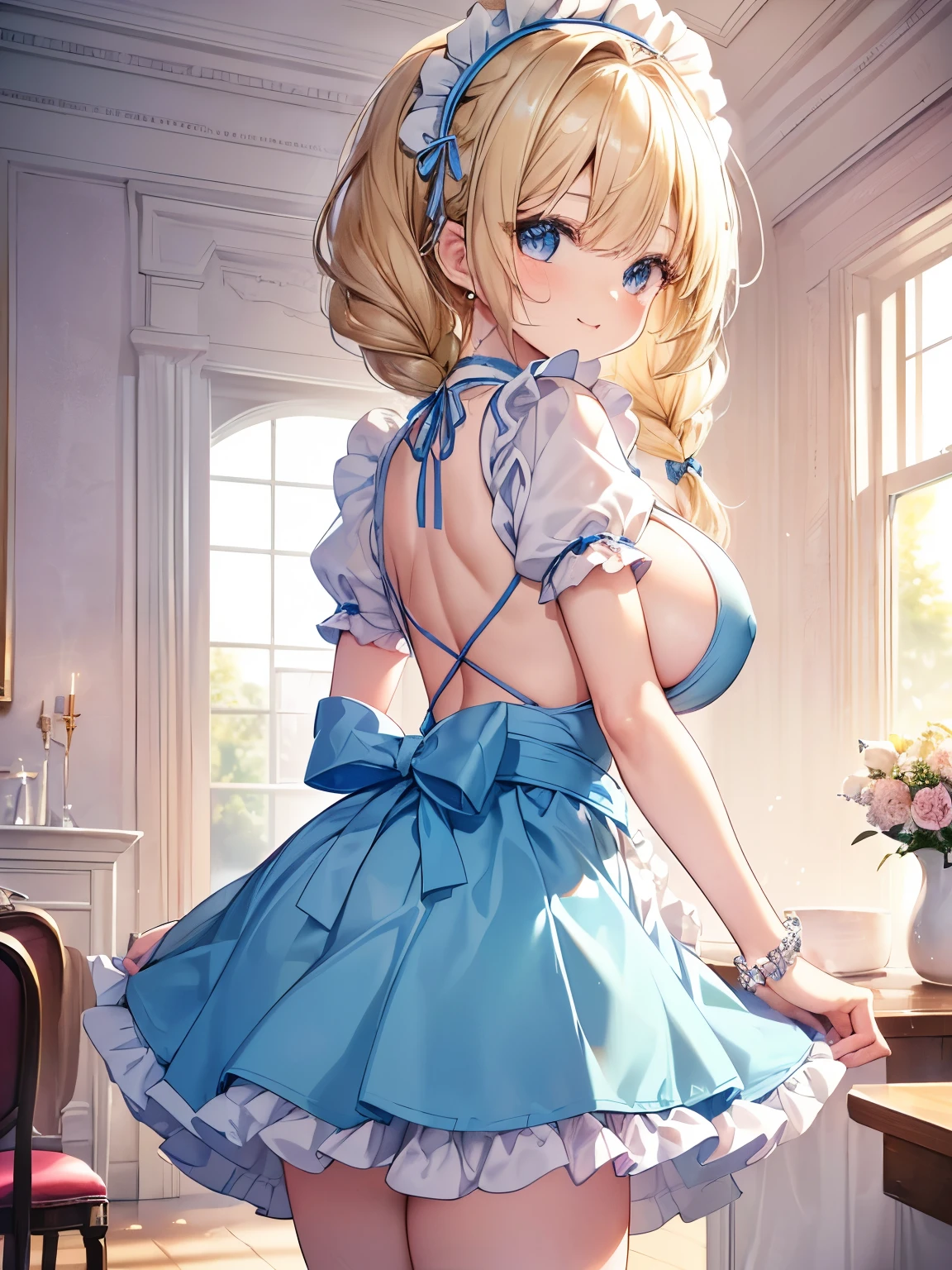 Masterpiece,Best Quality,(Super Detail),Perfect Lighting, Highly detailed CG,Super detailed,(Highly detailed eyes,Very cute face,Highly detailed face:1.3),Beautiful Anime Girl,(Solo Girl),(Super huge boobs:1.4),(Sensual,Glamorous:1.4),(Blonde,Medium Hair,Twin braids,Let your hair hang forward:1.2),(Big light blue eyes),(Very happy smile,Open your mouth wide),break,(Light blue maid outfit,Frill apron,Puff short sleeves,Micro Mini Skirt),Maid Headdress,frilled choker,Maid Cufflinks,Pink wallpaper coffee shop,Fancy furniture,Cowboy Shot,Dynamic Pose,(back,turn around,Look Behind:1.2)