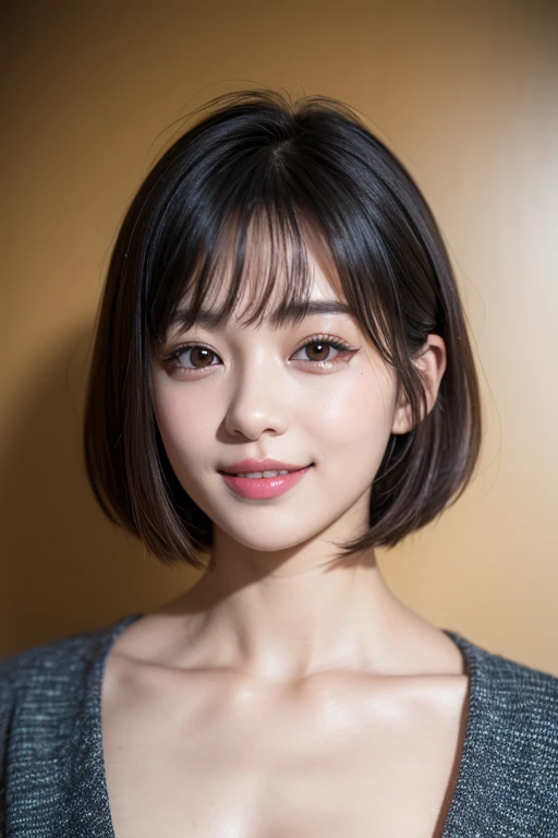 1 girl, 20 years old in Japan, Buckshot, Perfect body, highest quality, RAW, 16K, (Realistic), Depth of written boundary, Portrait, Detailed face, smile:1.1, Eye reflection, Raw photo, beautiful girl, natural makeup, (short bob),