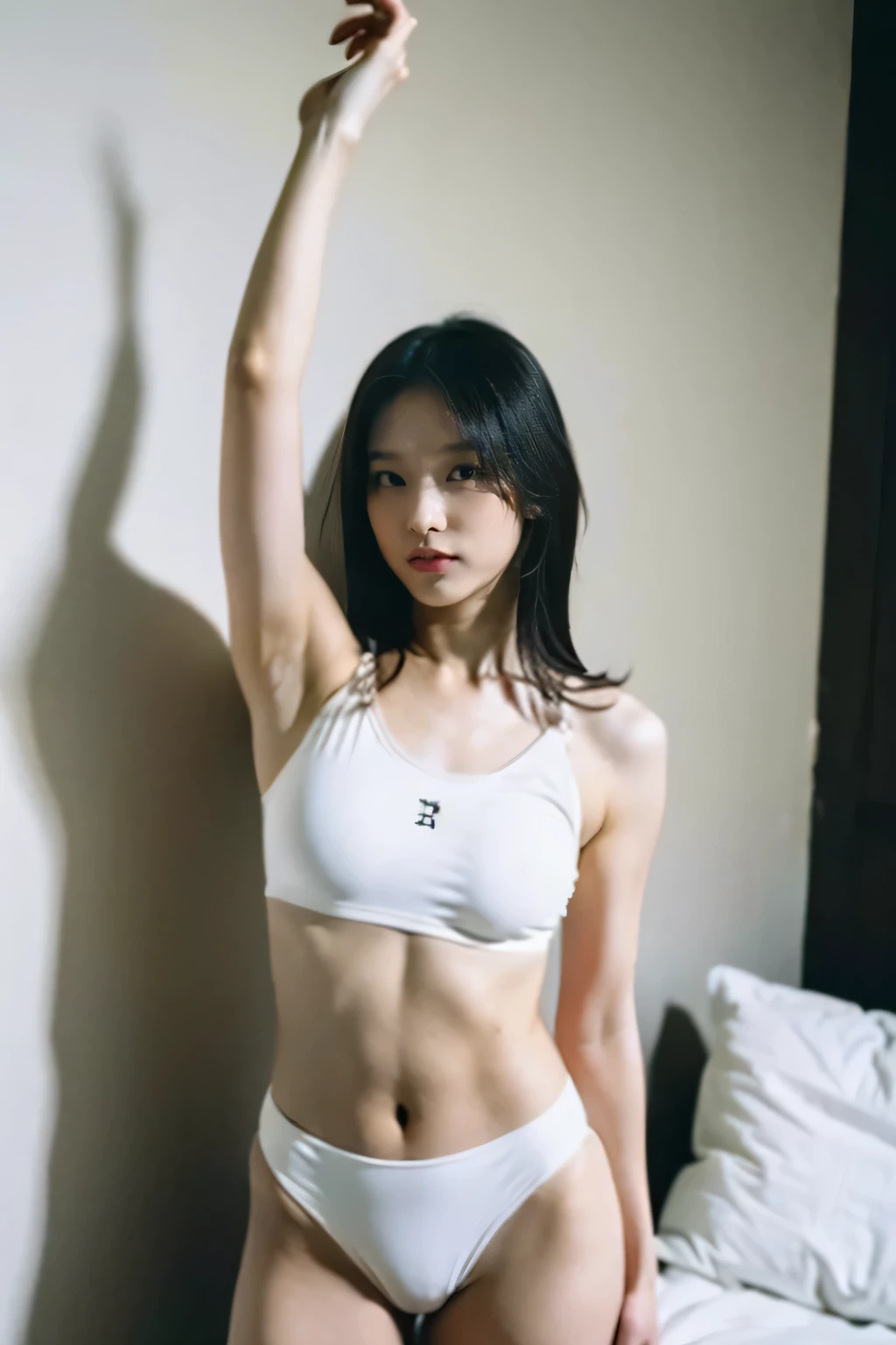 30 years old hong kong woman in white room, one piece swimsuit, try on haul, black straight hair, straight hair, instagram story photo, full body, showing off navel, showing off abs, show off armpits, detailed armpit,