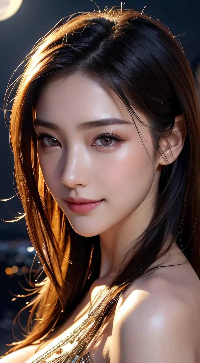 Kimono beauty, body portrait, 8k, thin and beautiful eyes, Dindal effect, masterpiece, top quality, high quality, high resolution, very detailed photo, (natural skin texture, fine skin, hyper realism, super sharpness) , high detail skin, (very fine, fine skin texture, intricate details, beautiful face, (real-like face), realistic eyes, beautifully detailed eyes, realistic skin, beautiful skin, surreal, Highly detailed, golden ratio, smiling eyes, ((night moonlight background)), body portrait, G cup, big breasts, huge breasts, big breasts, glamorous, shiny bodysuit