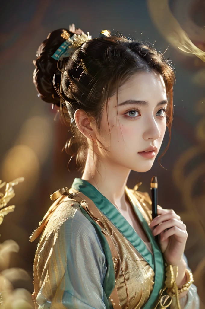 ( masterpiece, top quality, best quality,8k, girl,ultra detailed,raw photo:1.5),(photorealistic:1.4),(cinematic lighting), PerfectNwsjMajic, , Surrealism, UHD, ccurate, Super detail, textured skin, High detail, Best quality, dynamic angle, (high nose,White skin),[Beautiful blue eyes],(1girl),(good anatomy:0.5)), dunhuang_style, Dreamy atmosphere,expressive brush strokes, mystical ambiance, Artistic interpretation, a whimsical illustration, Subtle colors and tones, straight face, hair bun