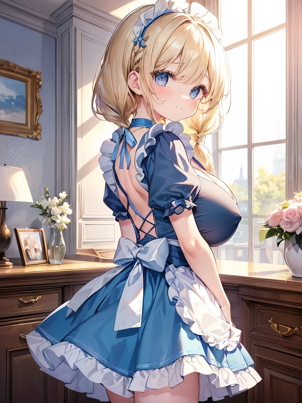 Masterpiece,Best Quality,(Super Detail),Perfect Lighting, Highly detailed CG,Super detailed,(Highly detailed eyes,Very cute face,Highly detailed face:1.3),Beautiful Anime Girl,(Solo Girl),(Super huge boobs:1.4),(Sensual,Glamorous:1.4),(Blonde,Medium Hair,Twin braids,Let your hair hang forward:1.2),(Big light blue eyes),(Very happy smile,Open your mouth wide),break,(Light blue maid outfit,Frill apron,Puff short sleeves,Micro Mini Skirt),Maid Headdress,frilled choker,Maid Cufflinks,Pink wallpaper coffee shop,Fancy furniture,Cowboy Shot,Dynamic Pose,(Turn your back,turn around,Look Behind:1.2)