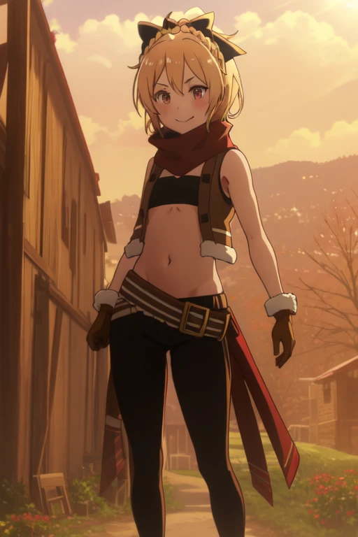 girl,blonde hair,red eyes,crown braid,black bow,short hair,ahoge,hair between eyes,bangs,hair bow,solo,smile,outdoors,full body,
red scarf,black bandeau,cropped jacket,brown jacket,flat chest,cleavage,sleeveless,bare shoulders,sheathed,fur trim,belt,midriff,navel,torn scarf,brown vest,fur-trimmed gloves,brown gloves,groin,navel,single pantsleg,black pants,open vest,ribbon,spring,flower field,lens_flare,, Exquisite visuals, high-definition,masterpiece,best quality, (narrow_waist), ,NSFW,