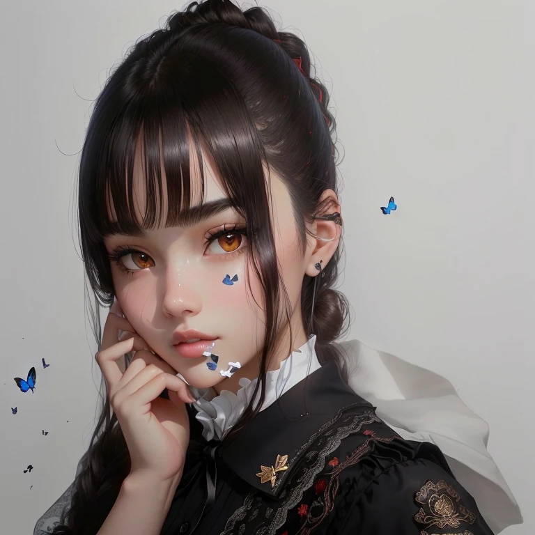 Brown black hair, black eyes, White skin, Oval face, Atmospheric facial features, High, Confident and powerful, Firm and plump, High school girls, Uniforms, curls, Hair Bun, Use a hairpin, Red rose, Blue Butterfly, White Rabbit, Card, Official quality, mystery, Light and Shadow, Correct proportions, aesthetics, atmosphere,