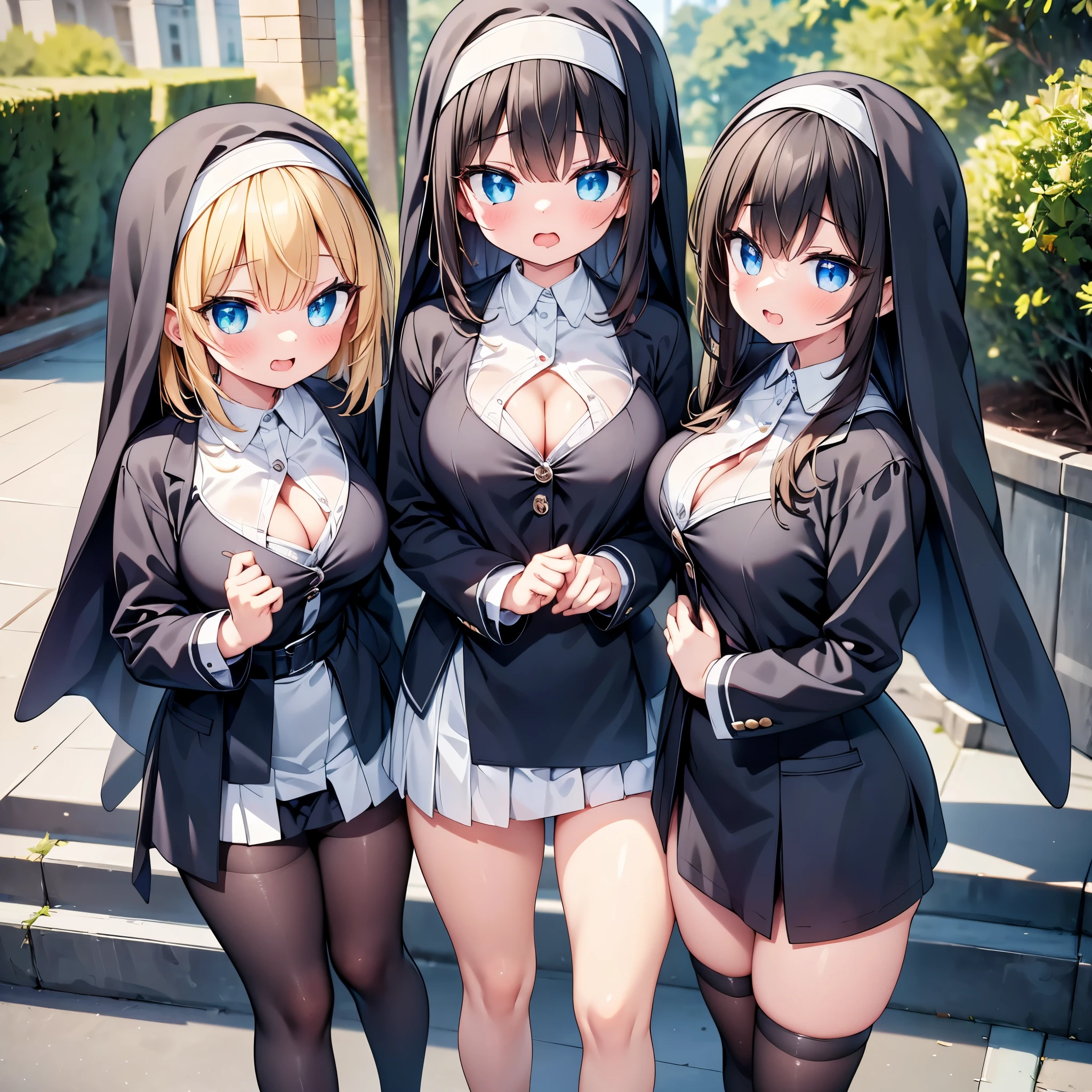 (cute eyes:1.2), (sparkling eyes:1.2), highest quality,wonderful,finely,extremely detailed CG Unity 8K wallpaper, (Stand in line:1.2), (3 girls, cute eyes, nun , clothed), (midium breasts), (cleavage cutout), (open mouth:1.1), (long tongue:1.1), (mouth drool:1.1), (black stockings:1.1),(Thighs:1.1),(Waistline:1.1)