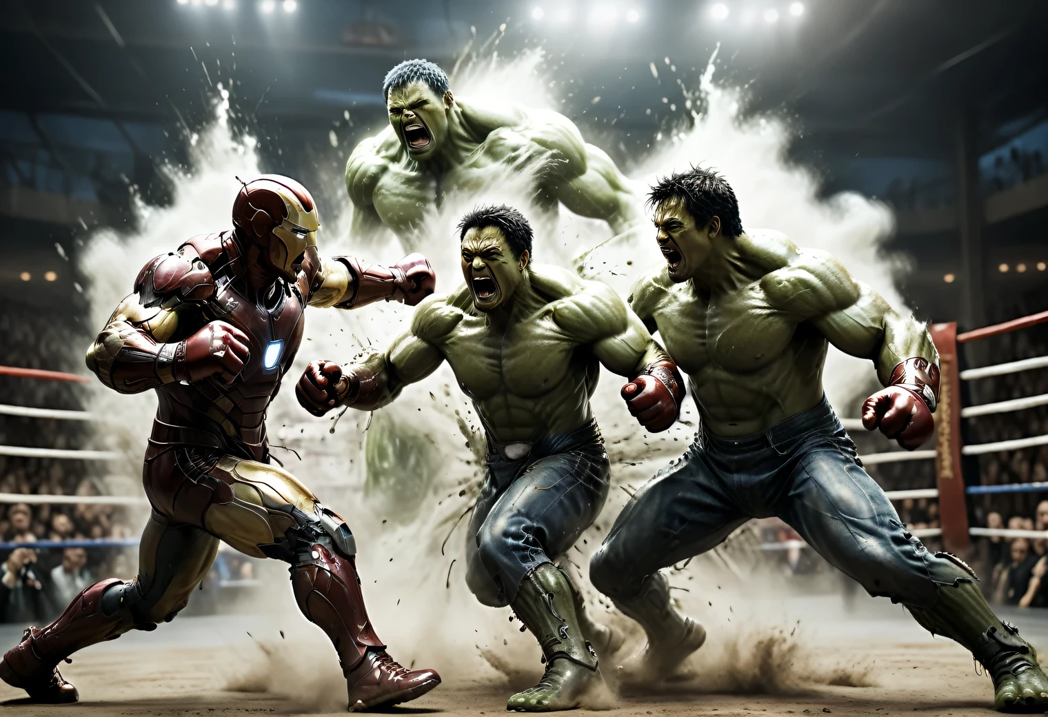 Boxing Match, 2 persons, Iron Man vs Hulk, in the ring in boxing gloves, cruel faces, emotions of anger, grin, sweat, tension, active scene of striking the opponent, motion effect, blurred background from movement, only 2 characters, screaming spectators in the background, high definition, real, detailed, Movie Still, Film Still, Cinematic