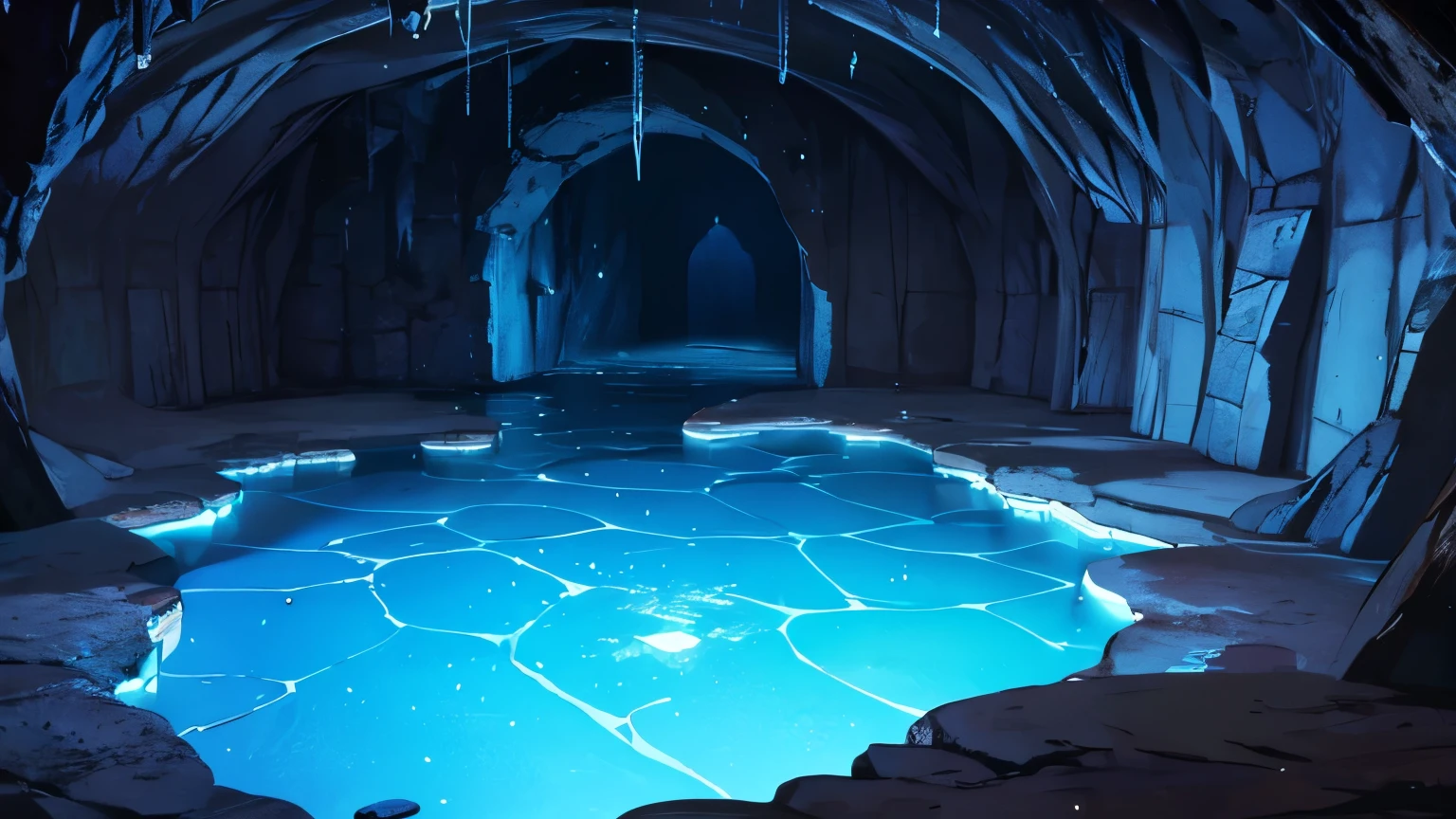 background,Inside the cave,Dark Underground,Cave,puddle,The water is shining blue,There is only a door in the center