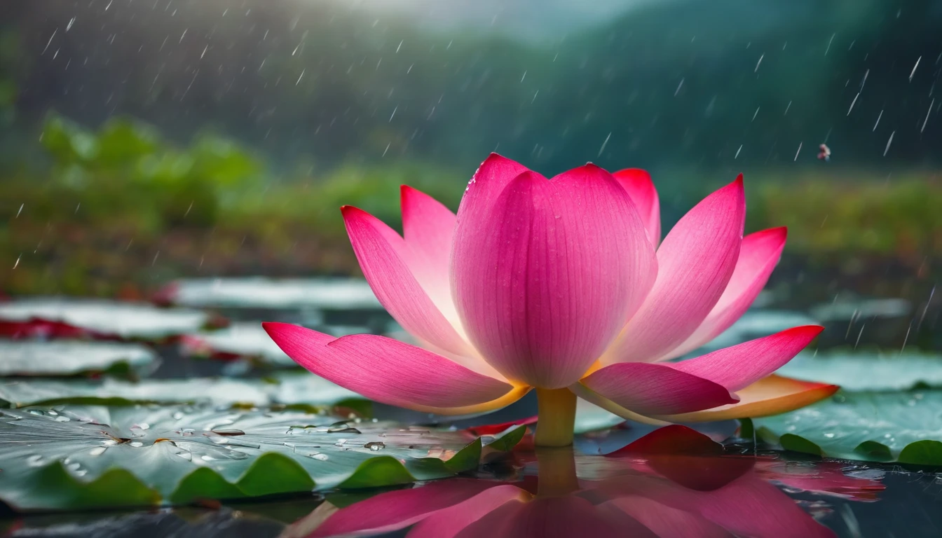 Lotus flowers in a barren land with petals falling in the rain