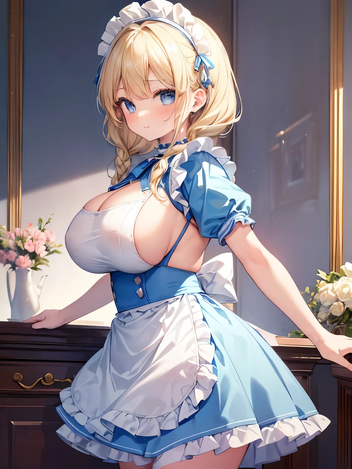 Masterpiece,Best Quality,(Super Detail),Perfect Lighting, Highly detailed CG,Super detailed,(Highly detailed eyes,Very cute face,Highly detailed face:1.3),Beautiful Anime Girl,(Solo Girl),(Super huge boobs:1.4),(Sensual,Glamorous:1.4),(Blonde,Medium Hair,Twin braids,Let your hair hang forward:1.2),(Big light blue eyes),(Very happy smile,Open your mouth wide),break,(Light blue maid outfit,Frill apron,Puff short sleeves,Micro Mini Skirt),Maid Headdress,frilled choker,Maid Cufflinks,Pink wallpaper coffee shop,Fancy furniture,Cowboy Shot,Dynamic Pose,(Turn your back,turn around,Look Behind:1.2)