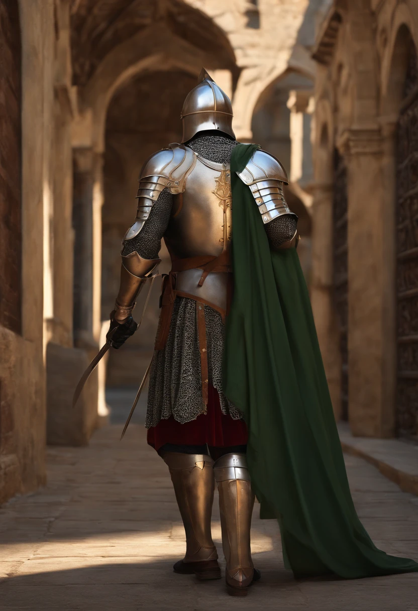 Medieval knight from behind, slight smirk, smirk, renaissance, renaissance armour, Venice, renaissance city, Italian city, Italy, scar, modelshoot style, (extremely detailed CG 8k wallpaper), most beautiful artwork in the world, portrait, trend at ArtStation, trend at CGSociety, Intricate, High Detail, Sharp Focus, Dramatic and Photorealistic Painting Art