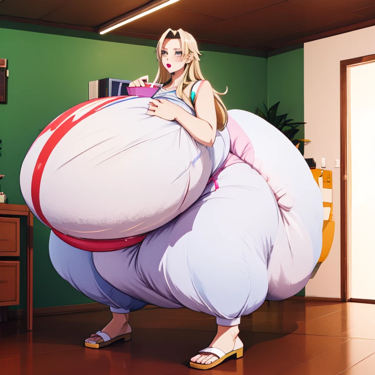 Tsunade Senju, 1 girl, ((bimbo))), long blond hair, puffy lips, painted lips, thick lips, wide hips, thick thighs, huge ass, screaming , enormous huge natural breasts, mature mom, white bra, in my bed, kissing another woman, huge bloated overflowing saggy beach ball panties about to burst. enormous diaper filling up more and more and more, diaper growing bigger and bigger and bigger to 30x size, diaper sagging to the floor, filling up across the room, diaperrolling across room like a blob