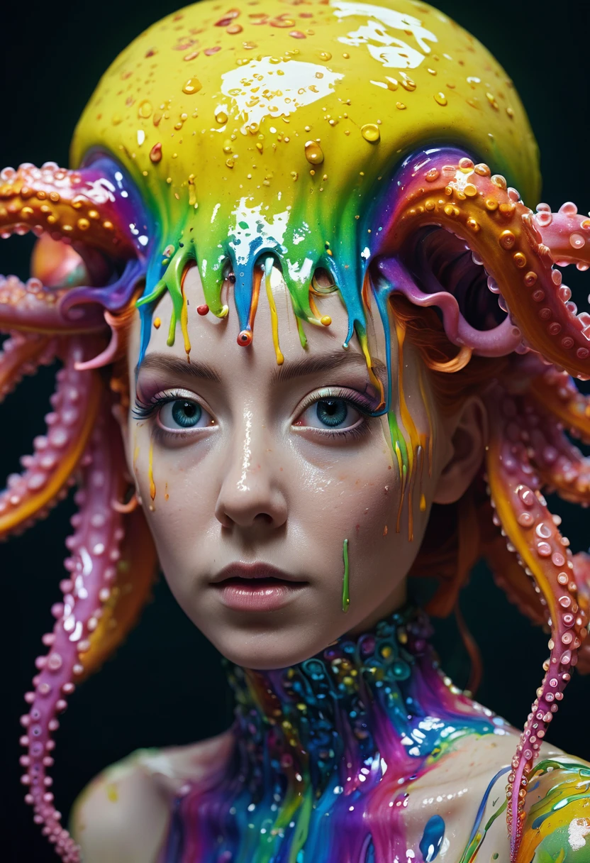 8K, ARTISTIC photogrAphy, best quAlity, mAsterpiece: 1.2), A (potrAit:1.2) witch BLOOD Toon Doll Cthulhu QUEEN, RAINBOW many octopus style tentacles, full body RAW candid cinema, yellow hair, 16mm, color graded portra 400 film, remarkable color, ultra realistic, sad admosphere, dark lighting, oppressive atmosphere, depressive colors, kodak portra 400, photograph,r, Natural Light, Pinhead lighgts, blur reflection, Brush Strokes, Smooth, abstract, Splatter, Oil On Canvas, rainbow colors, fractal isometrics details bioluminescens : a stunning realistic photograph of wet bone structure, 3d render, octane render, intricately detailed, titanium decorative headdress, cinematic, trending on artstation | Isometric | Centered