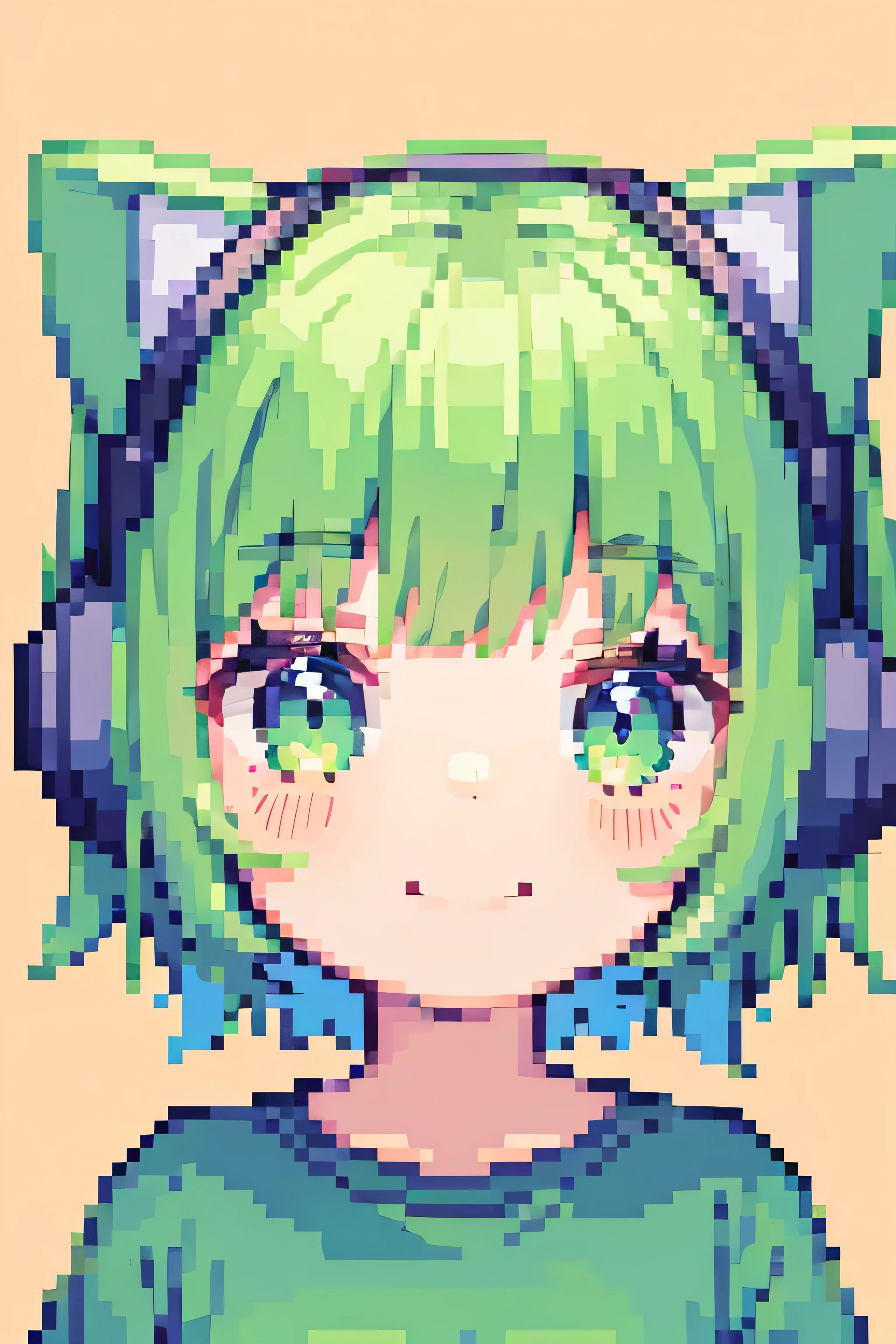 Pixel art, 1girl, cute, portrait, bust up, light smile, Bob with green short hair, cat ears wearing headphones, chibi, whole body
