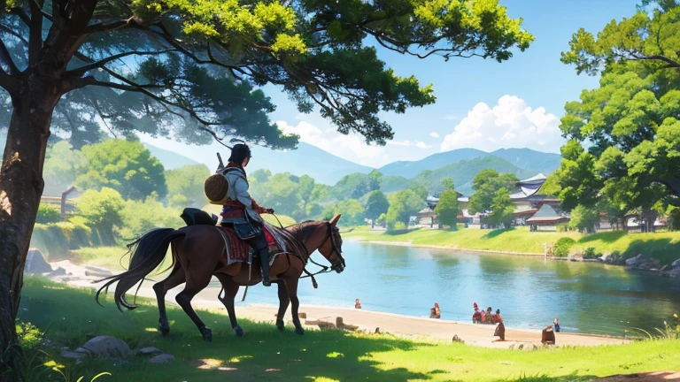 Sengoku warlords riding horses、Resting in the shade of a tree by the river, looking into the distance。
In the distance you can see a village from the Sengoku period.。